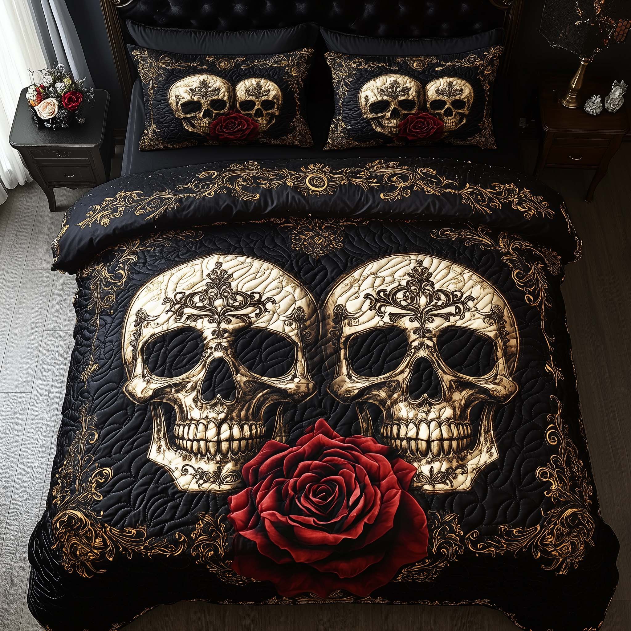 Romantic Gothic Skulls Quilted Bedding Set Good Bed Sets Cute Skull Gifts