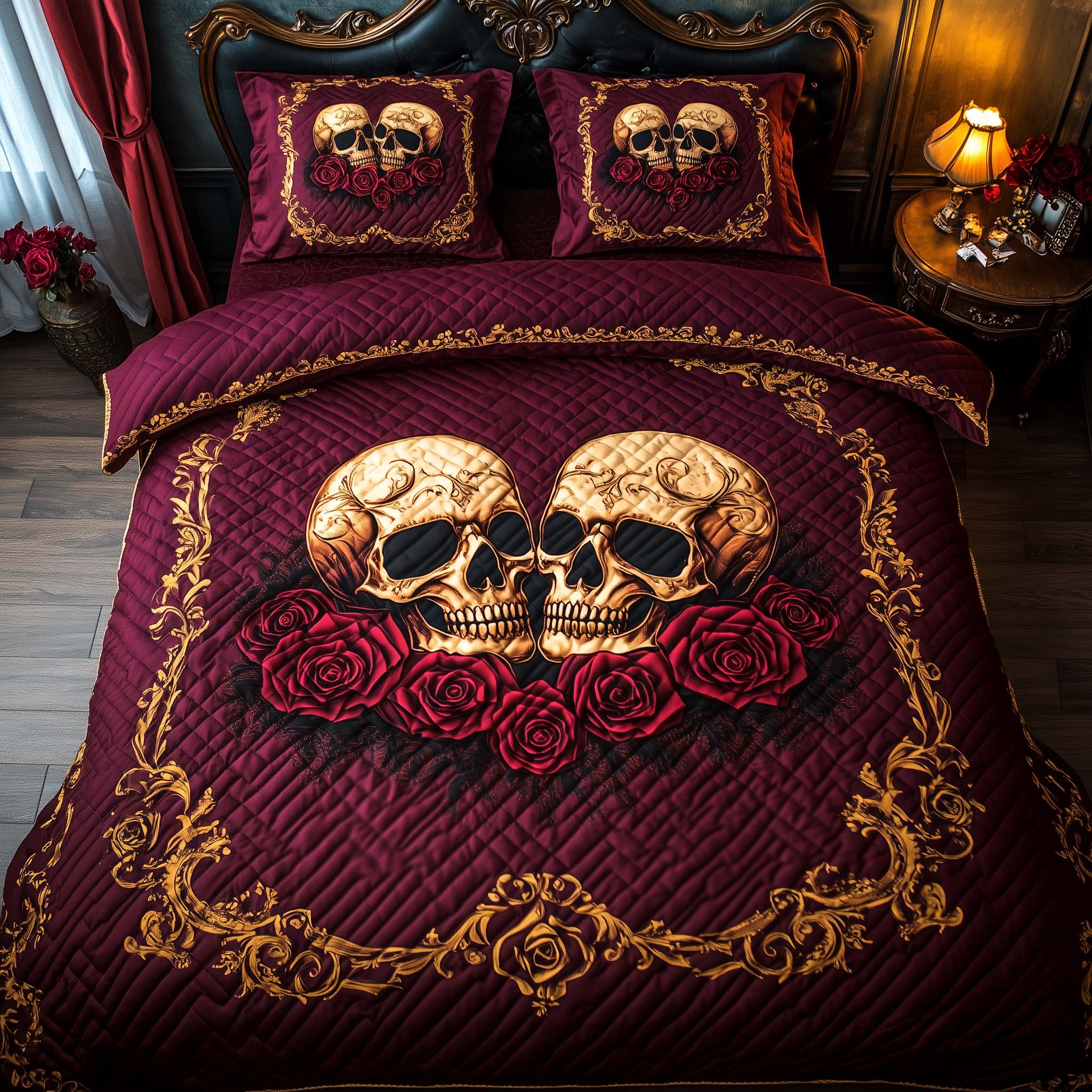 Romantic Gothic Skulls Quilted Bedding Set Unique Bed Sheet Set Gifts With Skulls On Them