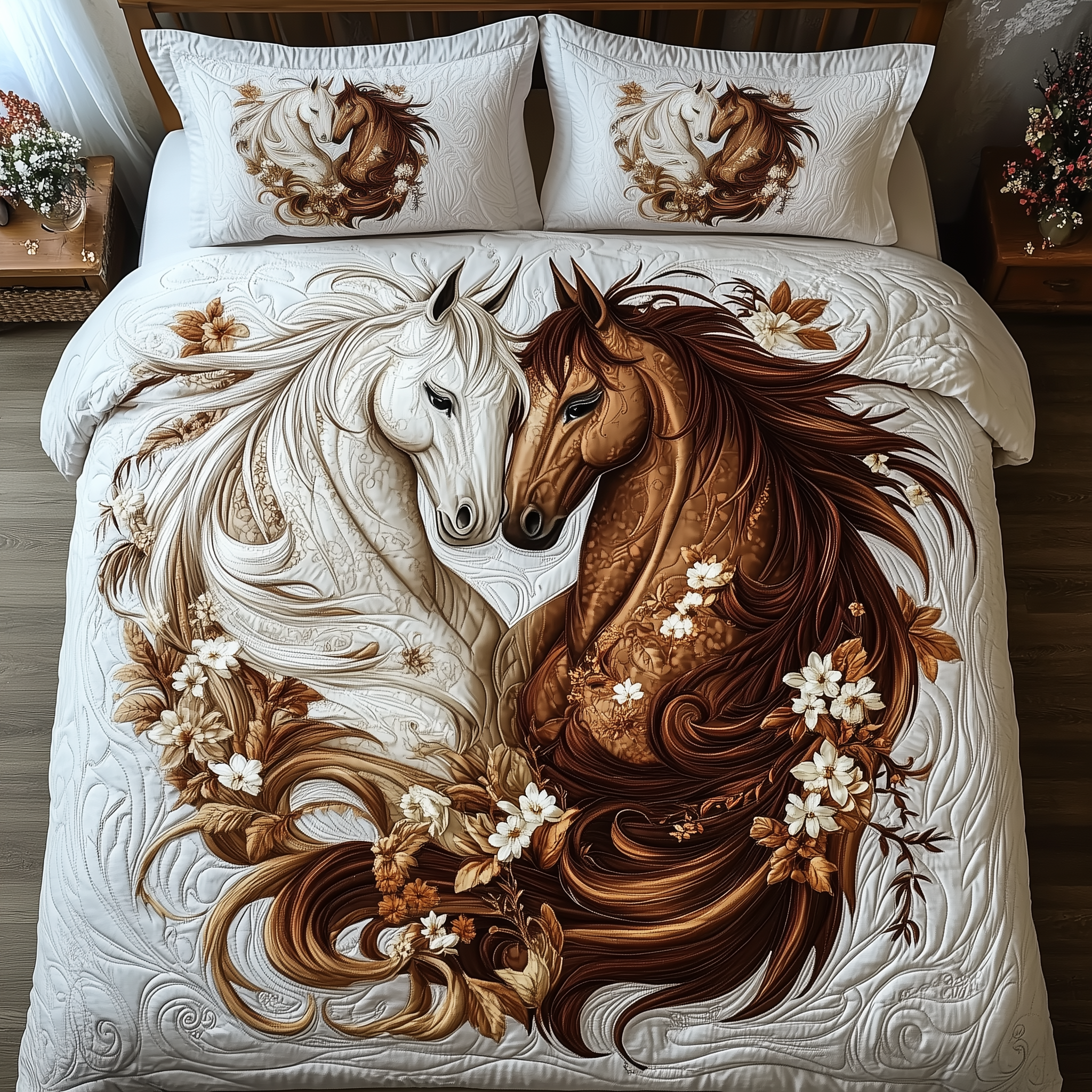 Romantic Hourse Couple Quilted Bedding Set Nice Bedding Sets Best Gifts For Horse Owners