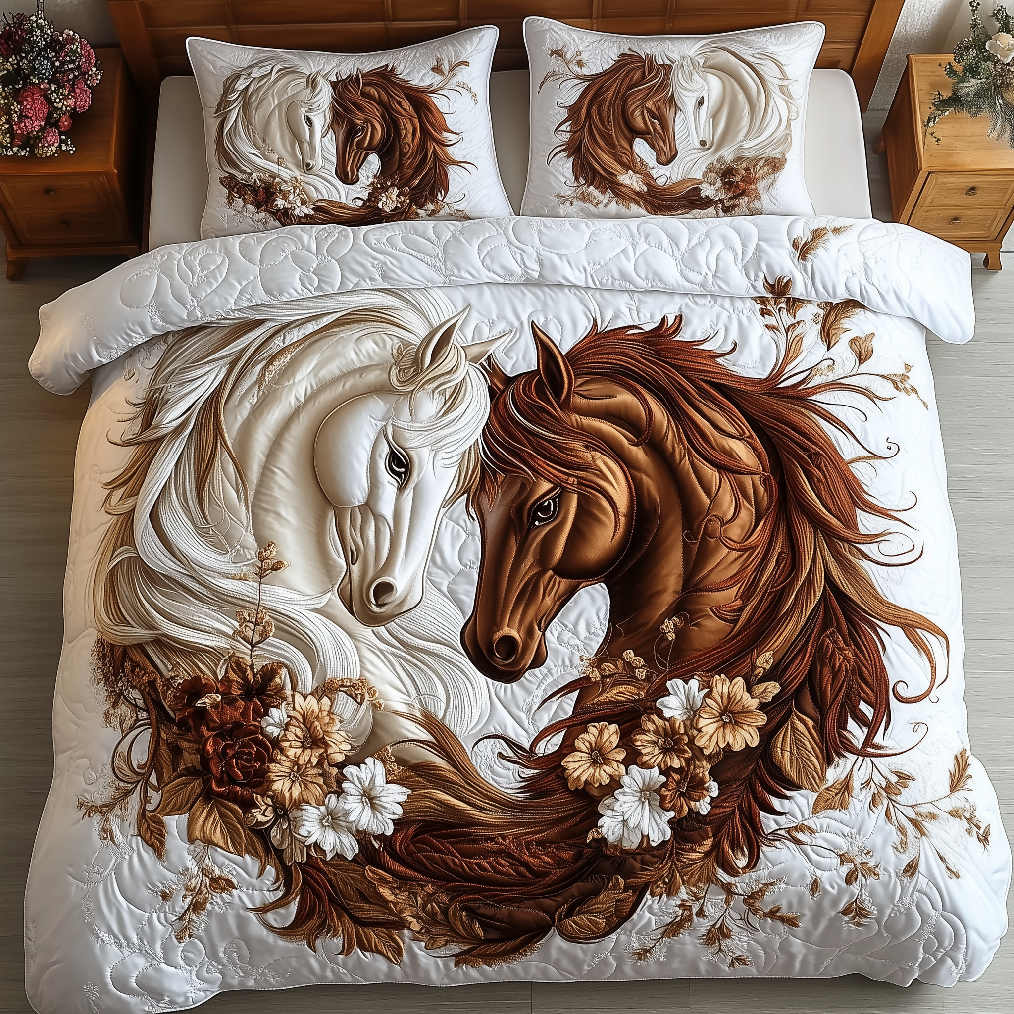 Romantic Hourse Couple Quilted Bedding Set Unique Bed Sheets Horse Gifts For Equestrian Riders