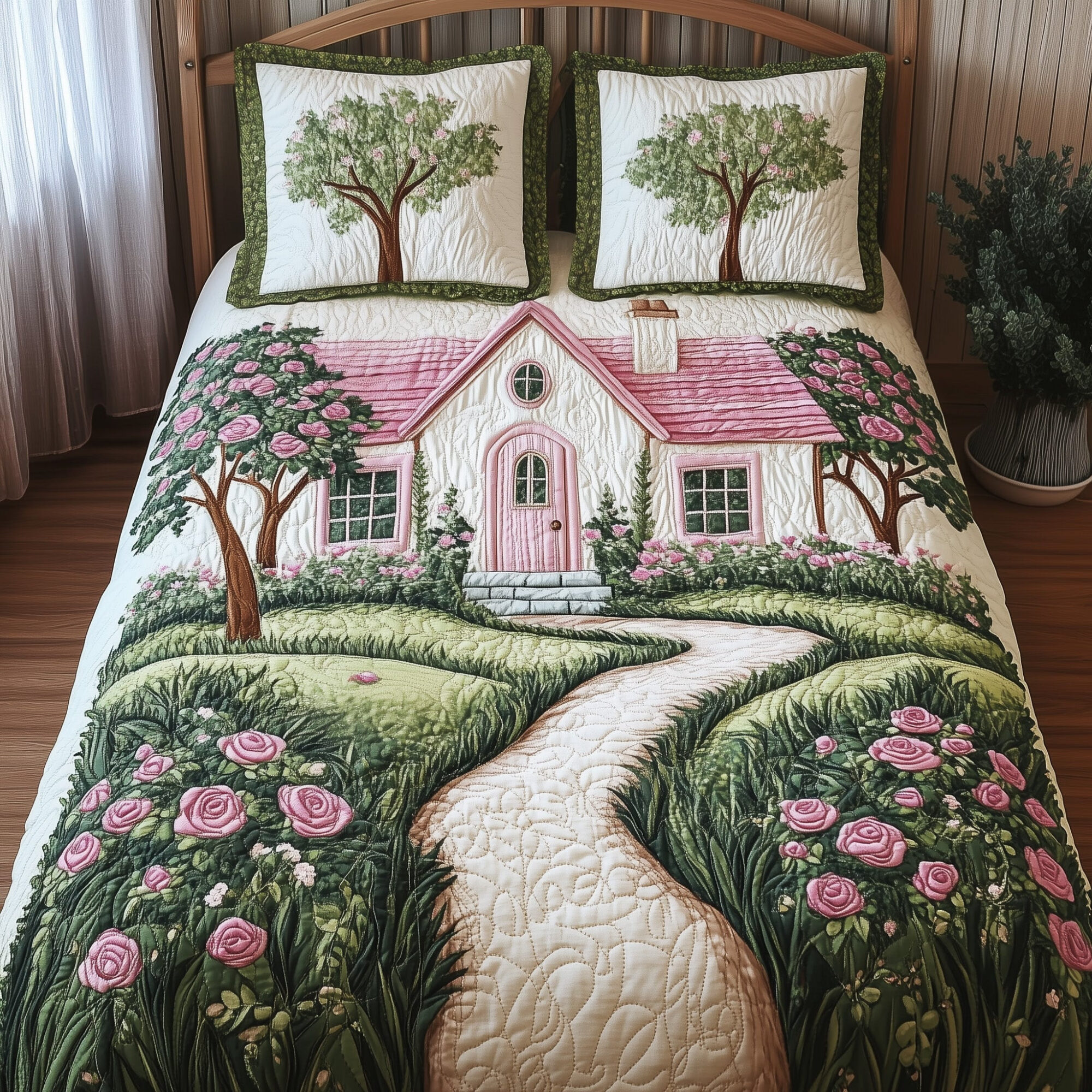 Rose Cottage Quilted Bedding Set Dreamy House With Roses Home Bedroom Decor Gift