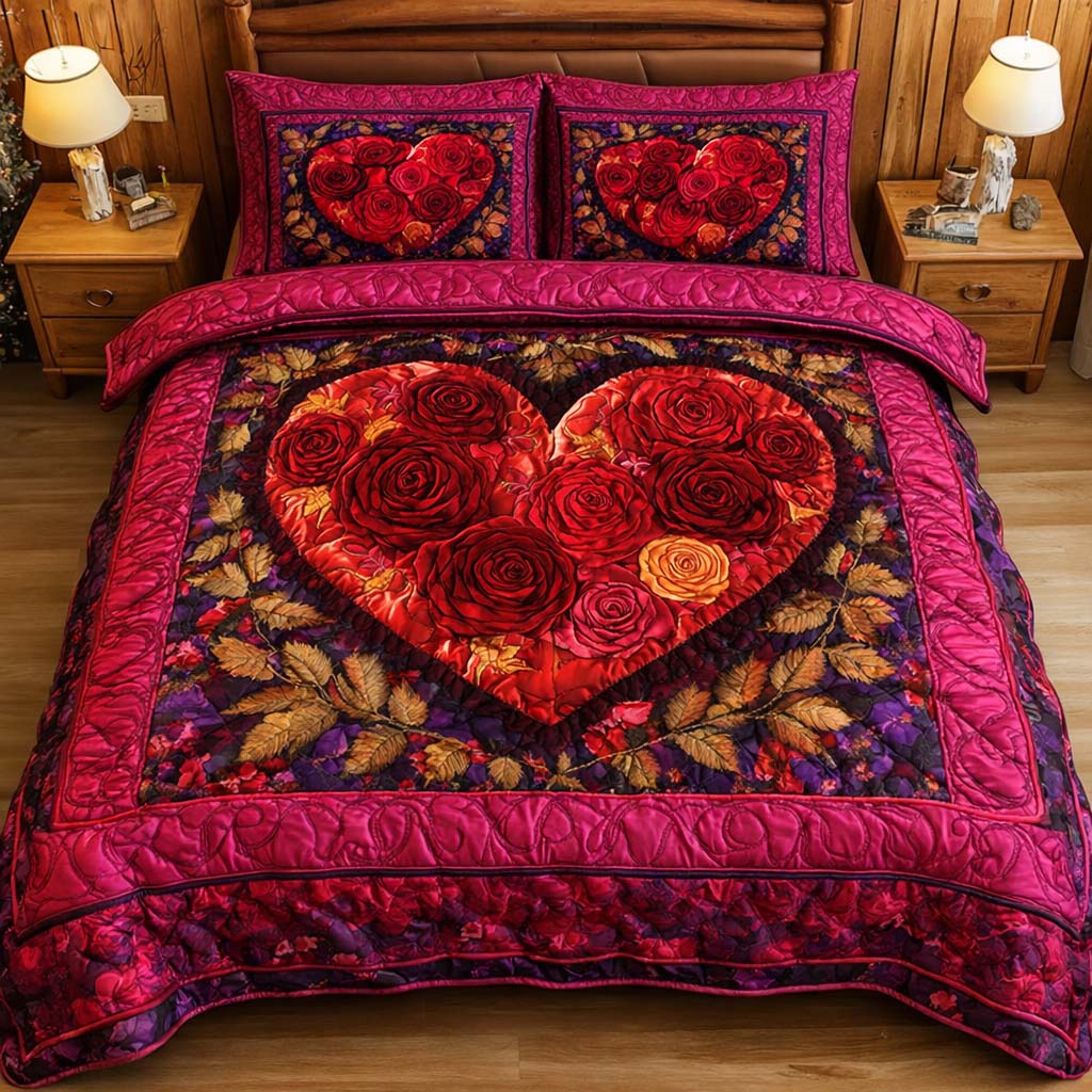 Rose Heart Quilted Bedding Set Best Queen Sheets Presents For Couples
