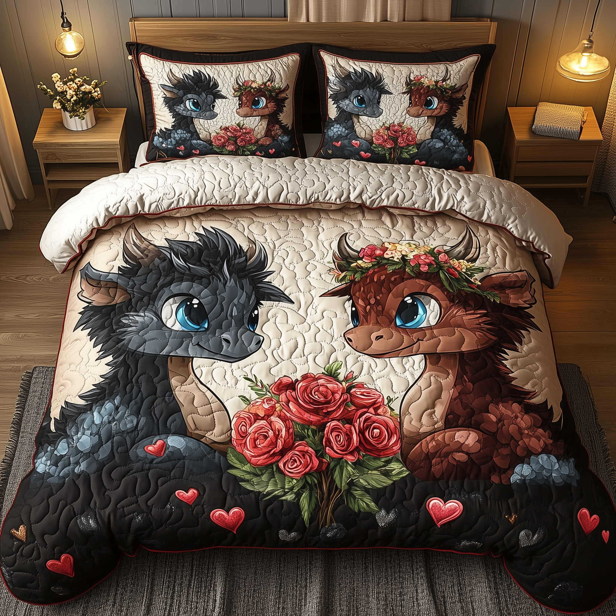 Rosebound Dragon Pair Quilted Bedding Set Best King Sheets Dragon Themed Gifts