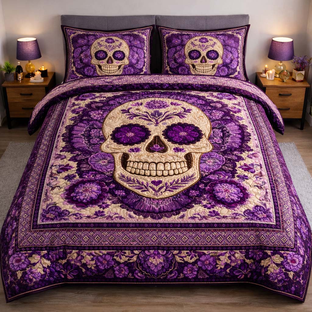 Royal Amethyst Skull Quilted Bedding Set Best King Sheet Set Unusual Skull Gifts