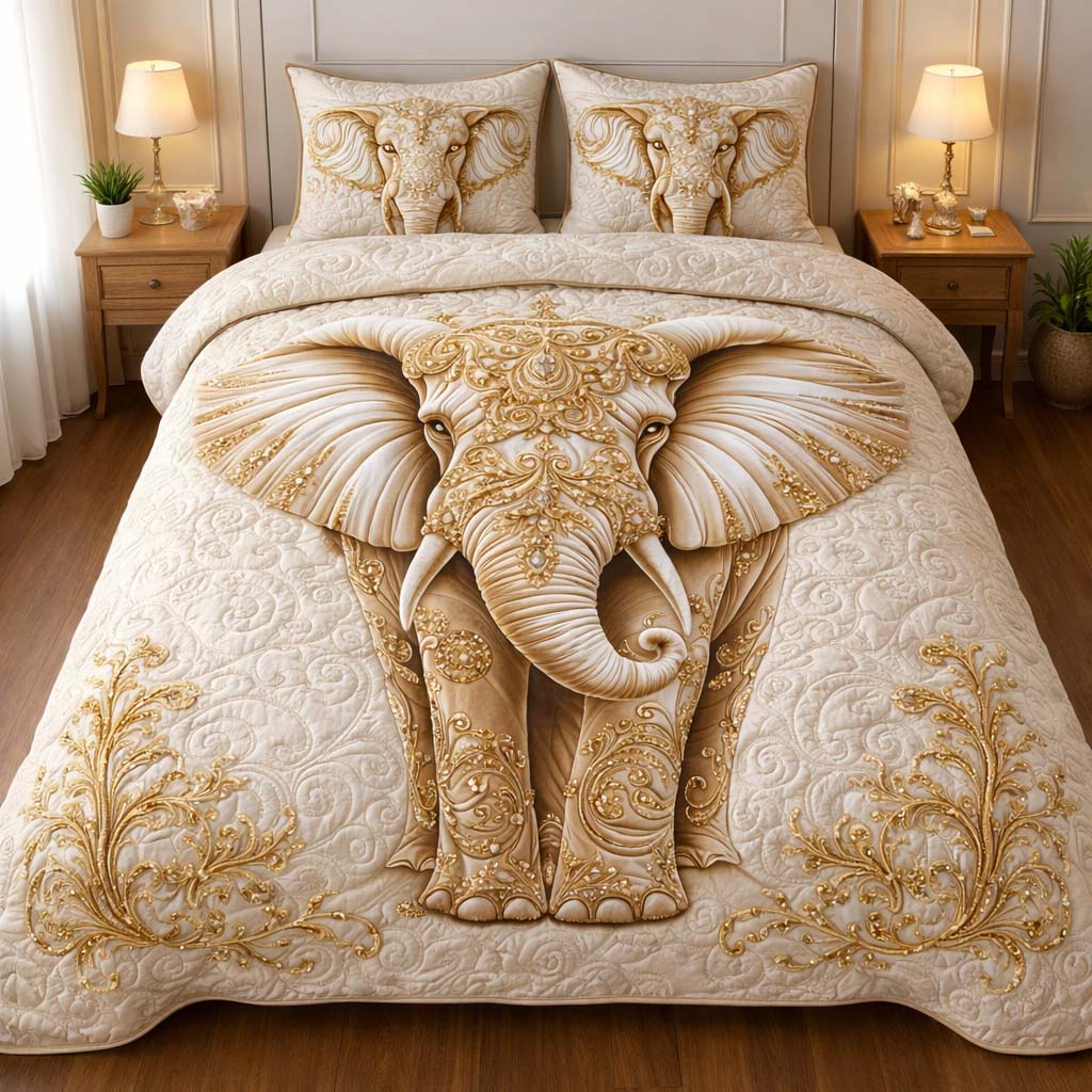 Royal Ivory Elephant Quilted Bedding Set Bed Decor Gift For Elephant Lovers