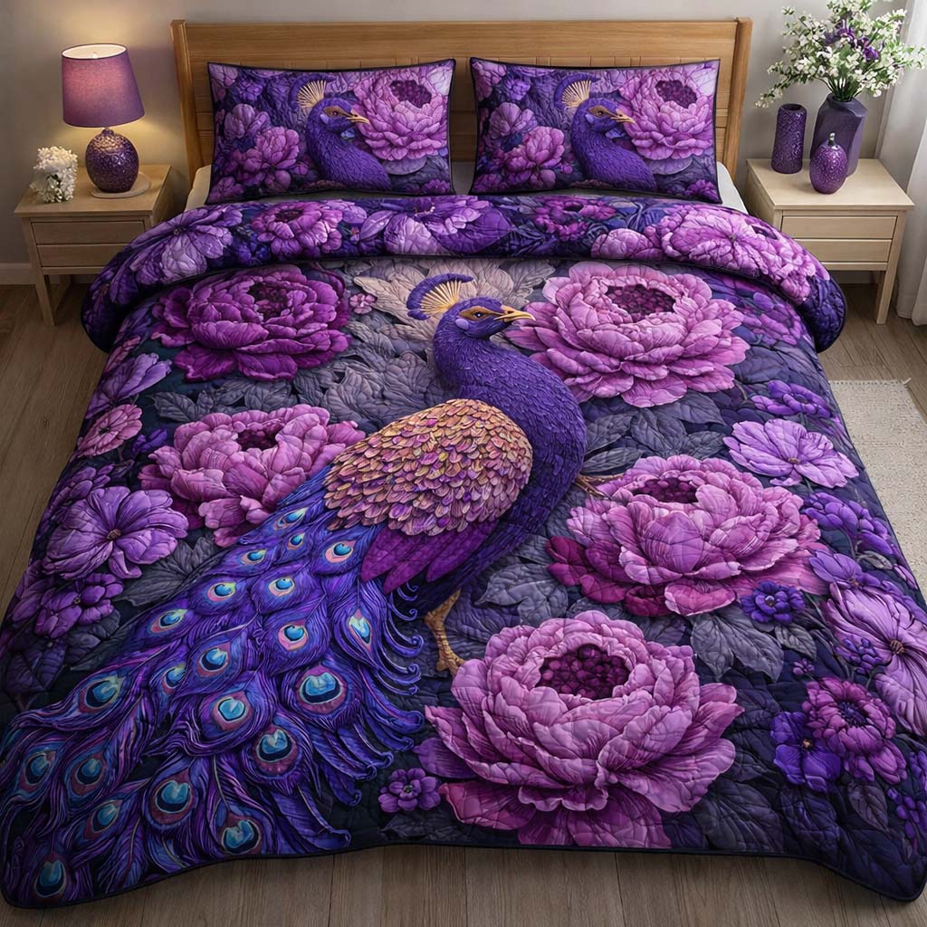Royal Violet Peacock Quilted Bedding Set Great Bed Sets Mardi Gras Gifts Merchandise