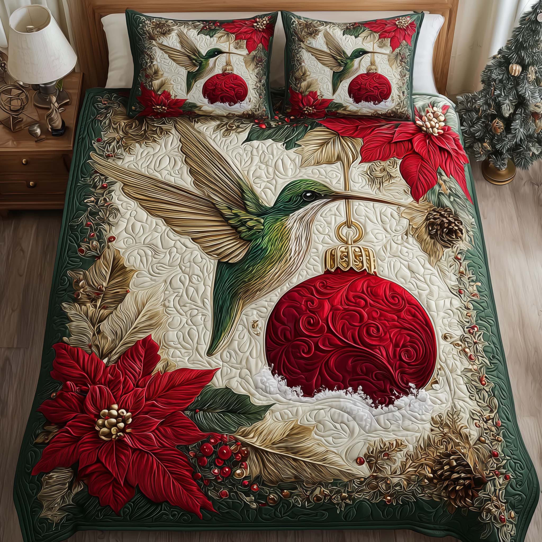 Ruby Humming Quilted Bedding Set Christmas Quilt Sets Hummingbird Gifts For Sisters