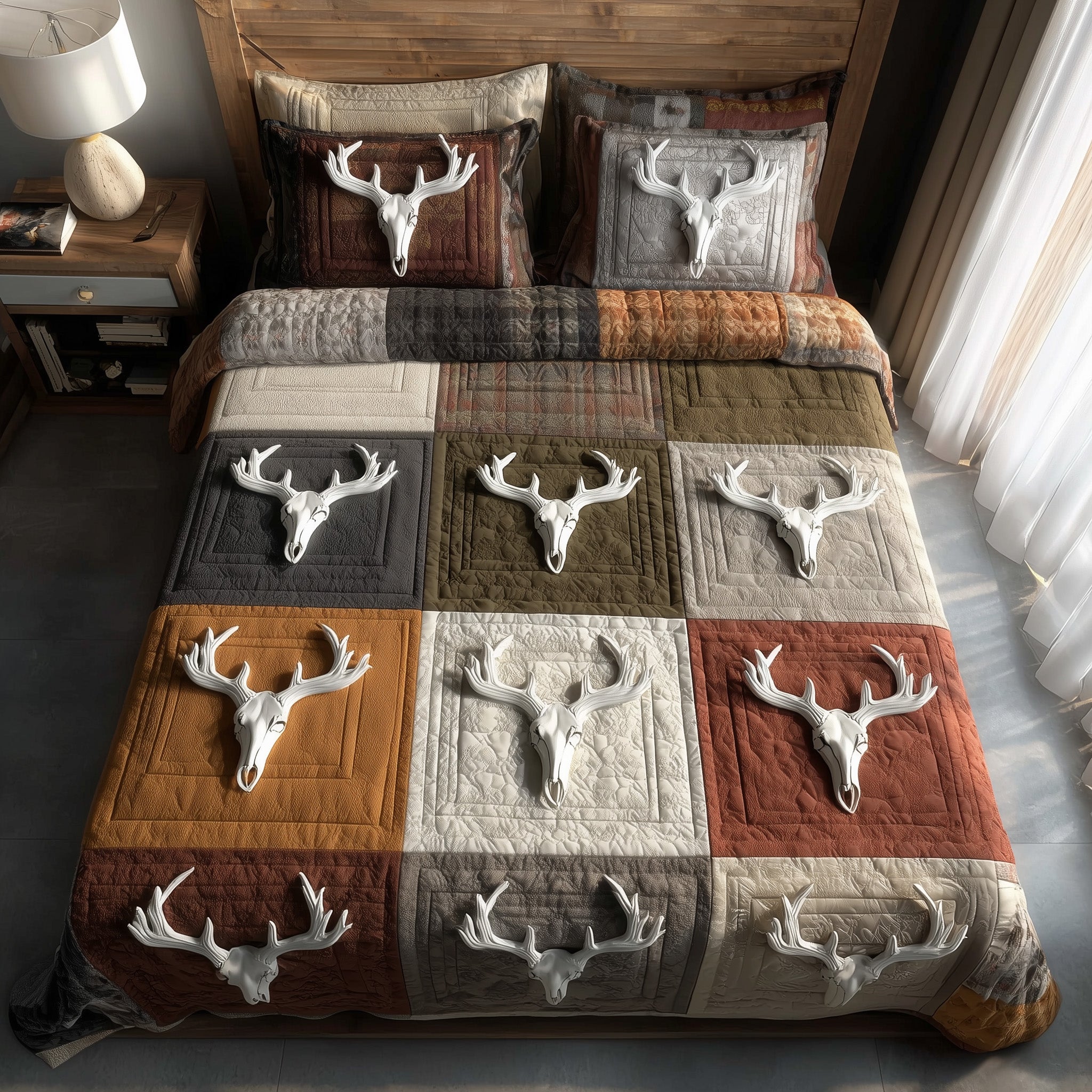 Rustic Antler Quilted Bedding Set Boho Bedroom Decor Birthday Presents For Deer Lovers