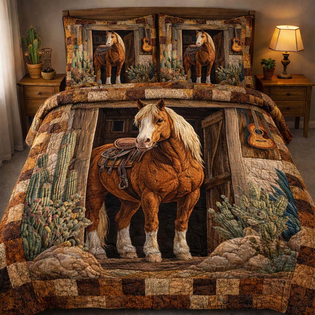 Rustic Barn Horse Quilted Bedding Set Unique Bed Sheets Horsey Gifts For Friends