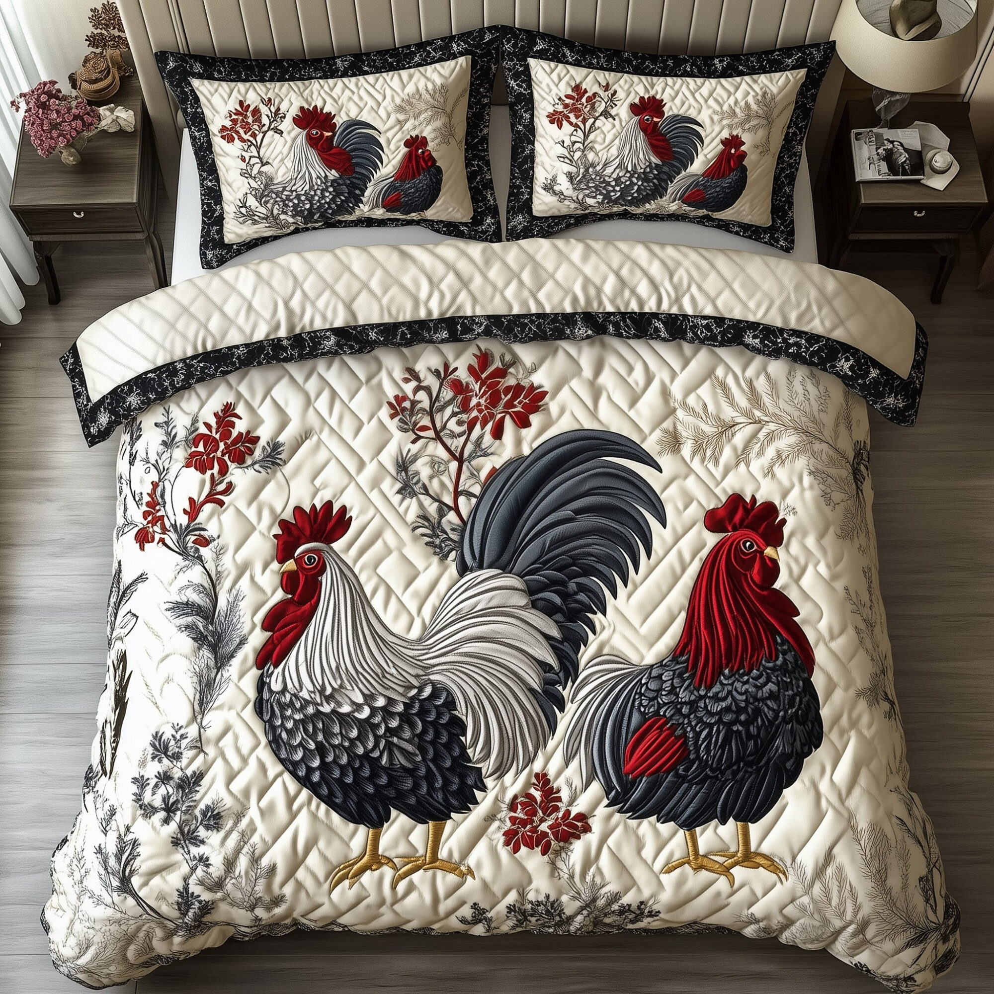Rustic Chickens Quilted Bedding Set Hen and Rooster Design Best Animal Bedding Gifts