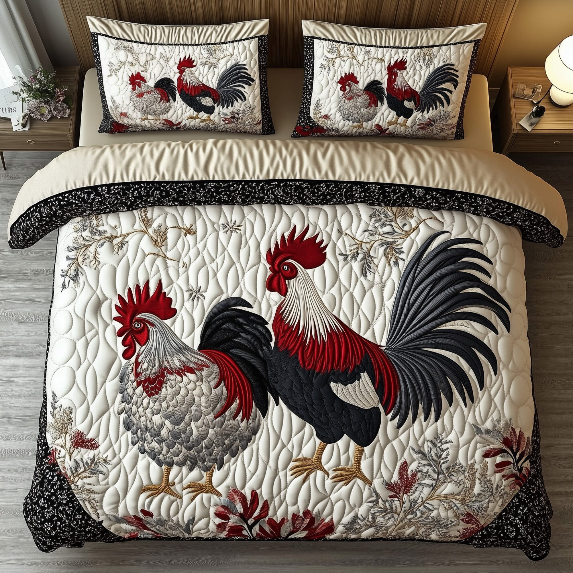 Rustic Chickens Quilted Bedding Set Hen and Rooster Design Unique Bedding Gift Ideas