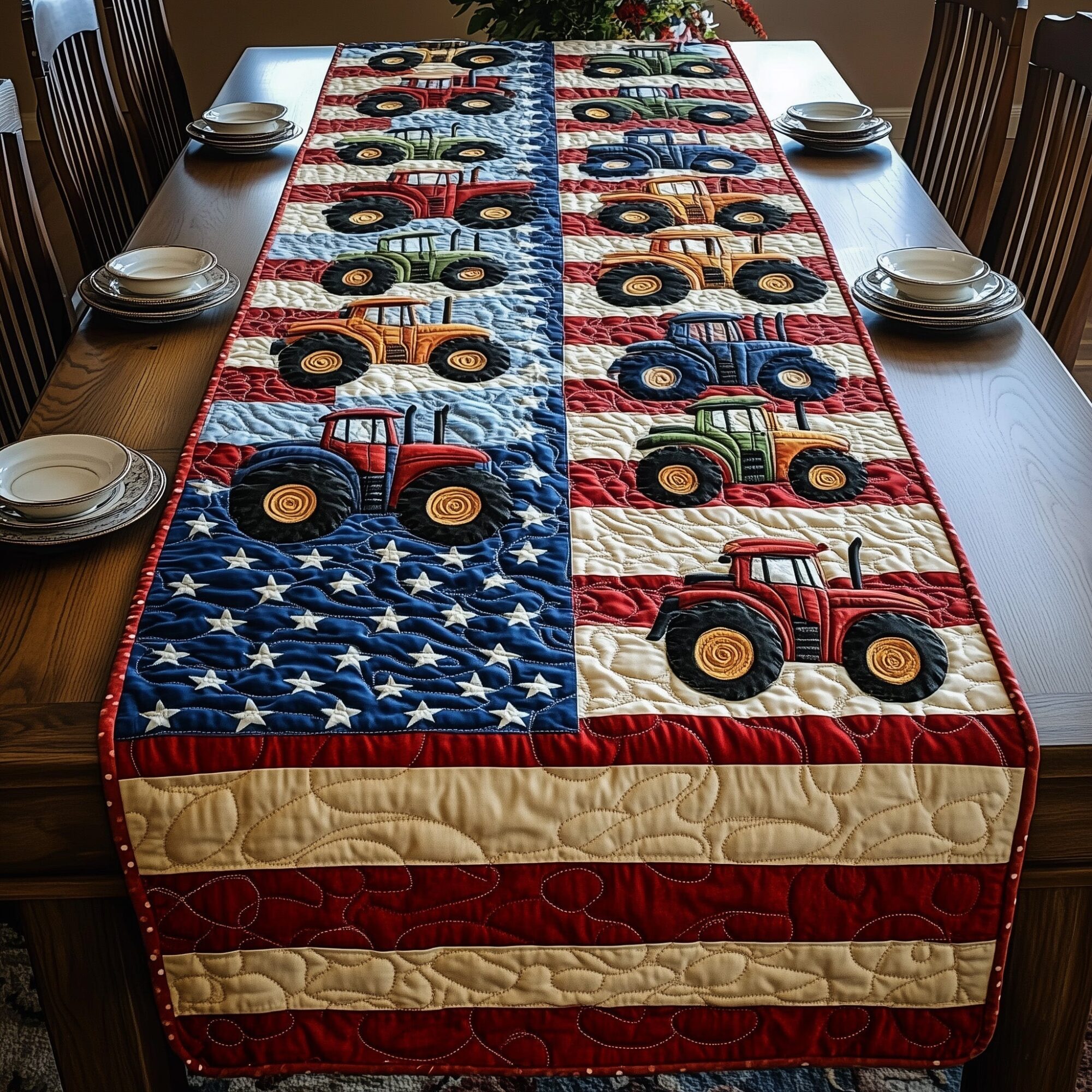 Rustic Farm Tractor Quilted Table Runner 4th July Centerpiece Patriotic Gift Ideas