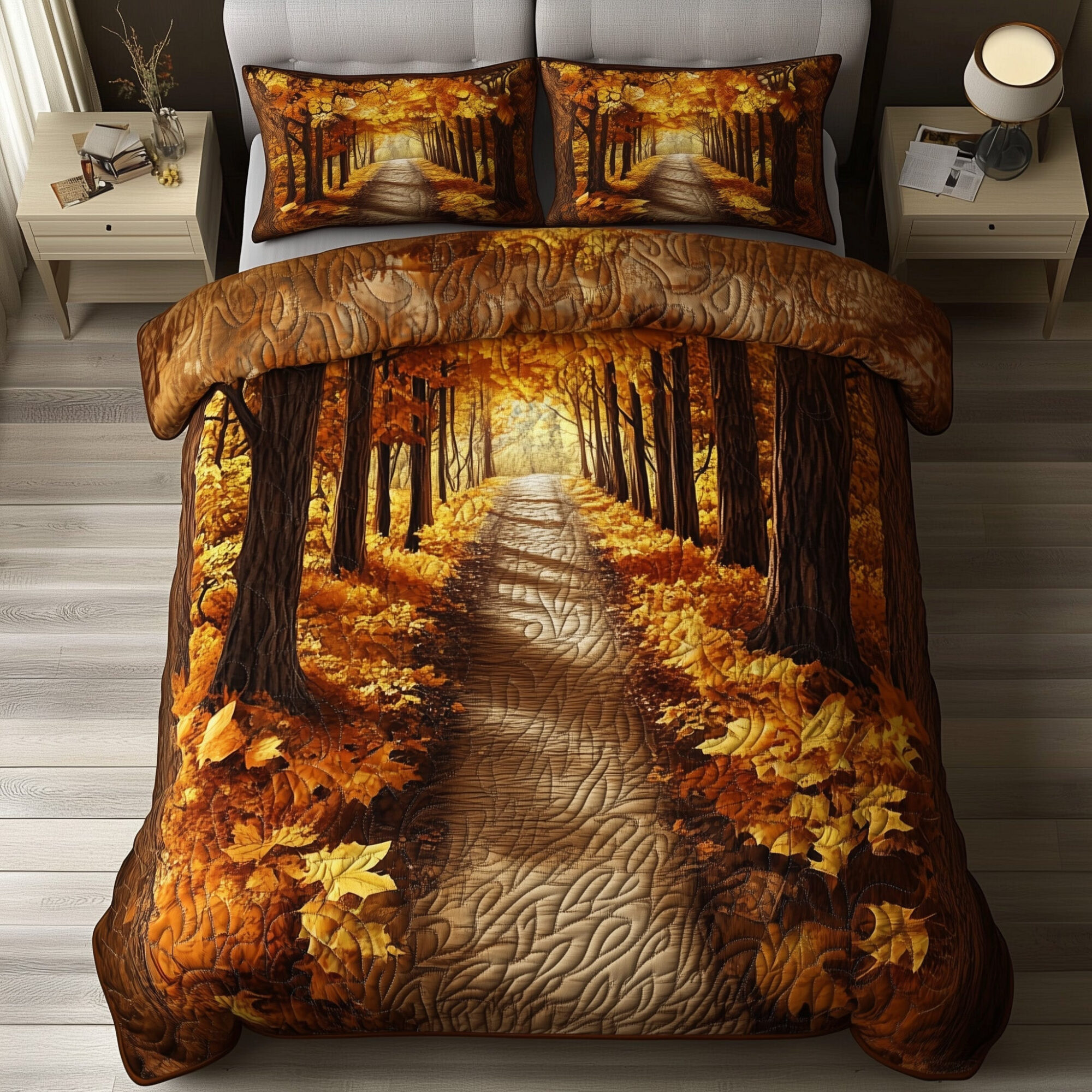 Rustic Forest Quilted Bedding Set Cozy Autumn Leaves Scenery Fall Design Bedding Gifts