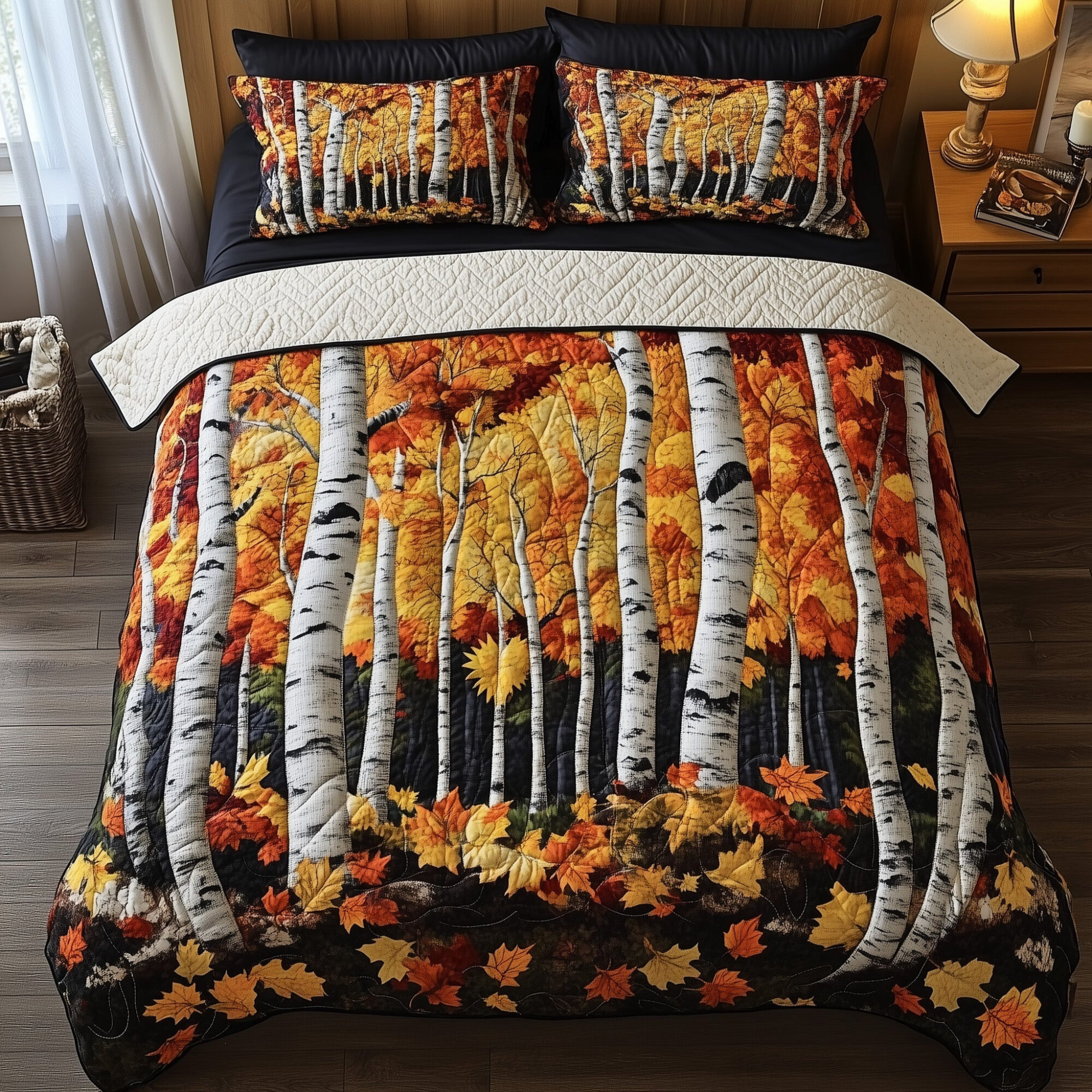 Rustic Forest Quilted Bedding Set Cozy Maple Leafs Forest Best Autumn Vibes Bedding Gifts