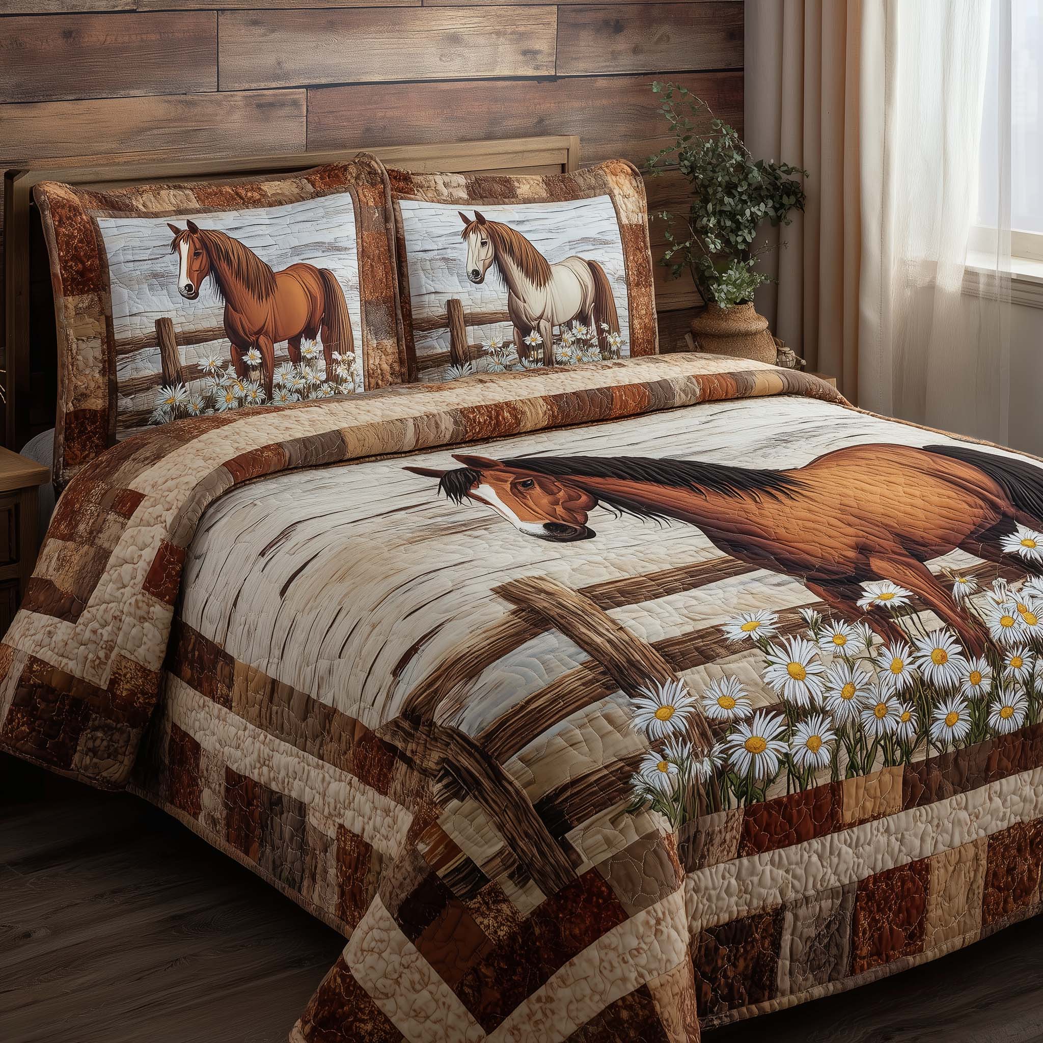 Rustic Meadow Horse Quilted Bedding Set Cozy Bedroom Ideas Gifts For Horse Lovers Men