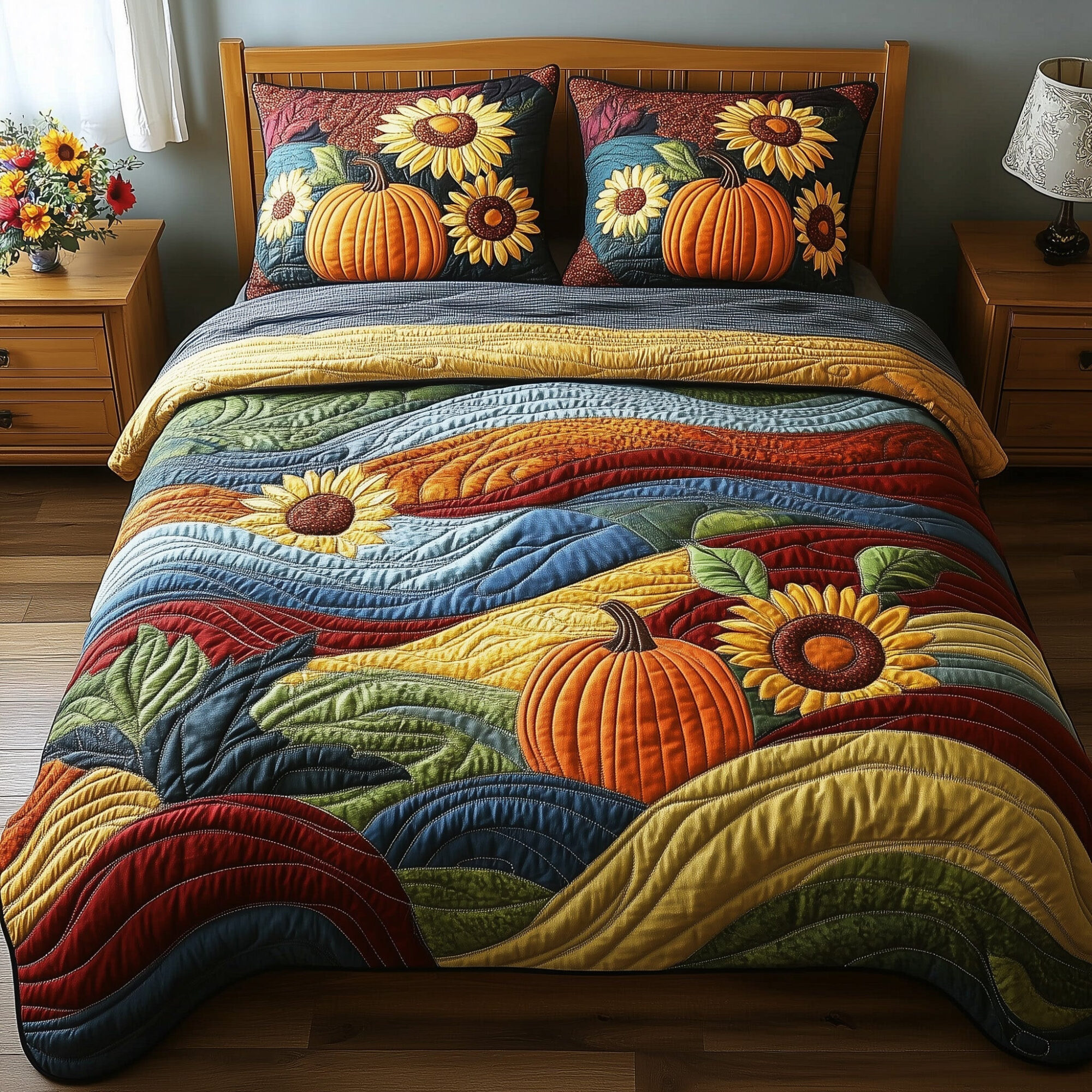 Rustic Patchwork Quilted Bedding Set Sunflower Pumpkin Field Unique Fall Bedding Gifts