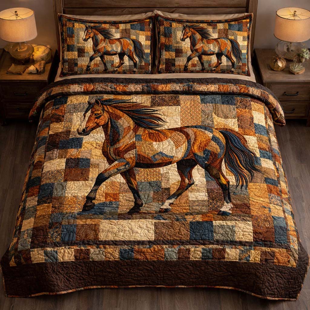 Rustic Patchwork Stallion Quilted Bedding Set Over The Bed Decor Birthday Presents For Horse Lovers