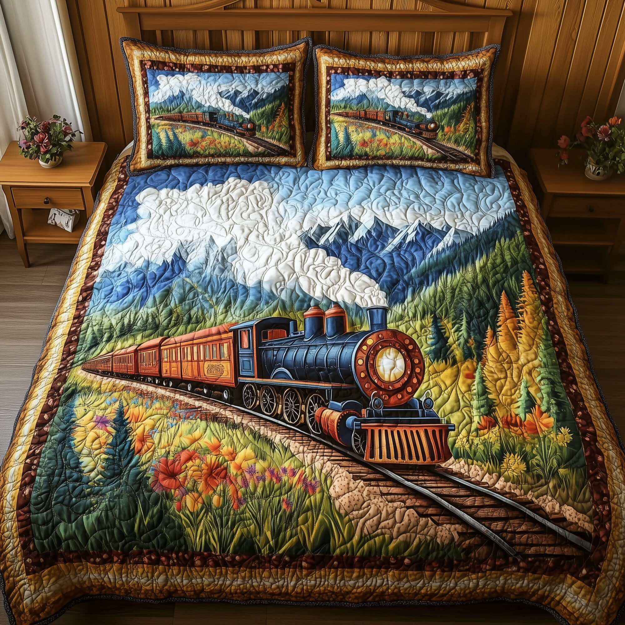 Rustic Train Quilted Bedding Set Classic Train Landscape Peaceful Scene Bedding Gifts