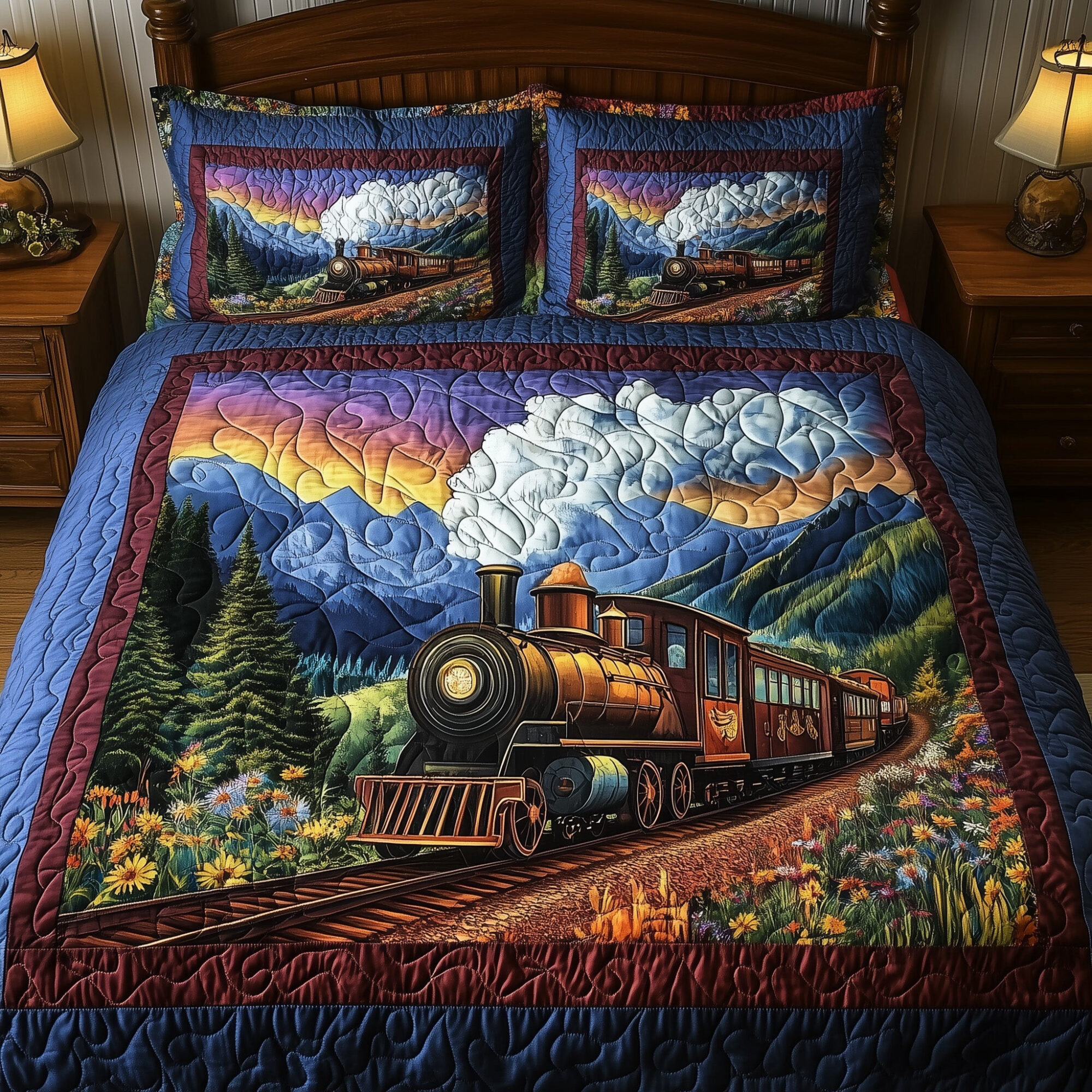Rustic Train Quilted Bedding Set Classic Train Landscape Vintage Bedding Decor Gifts
