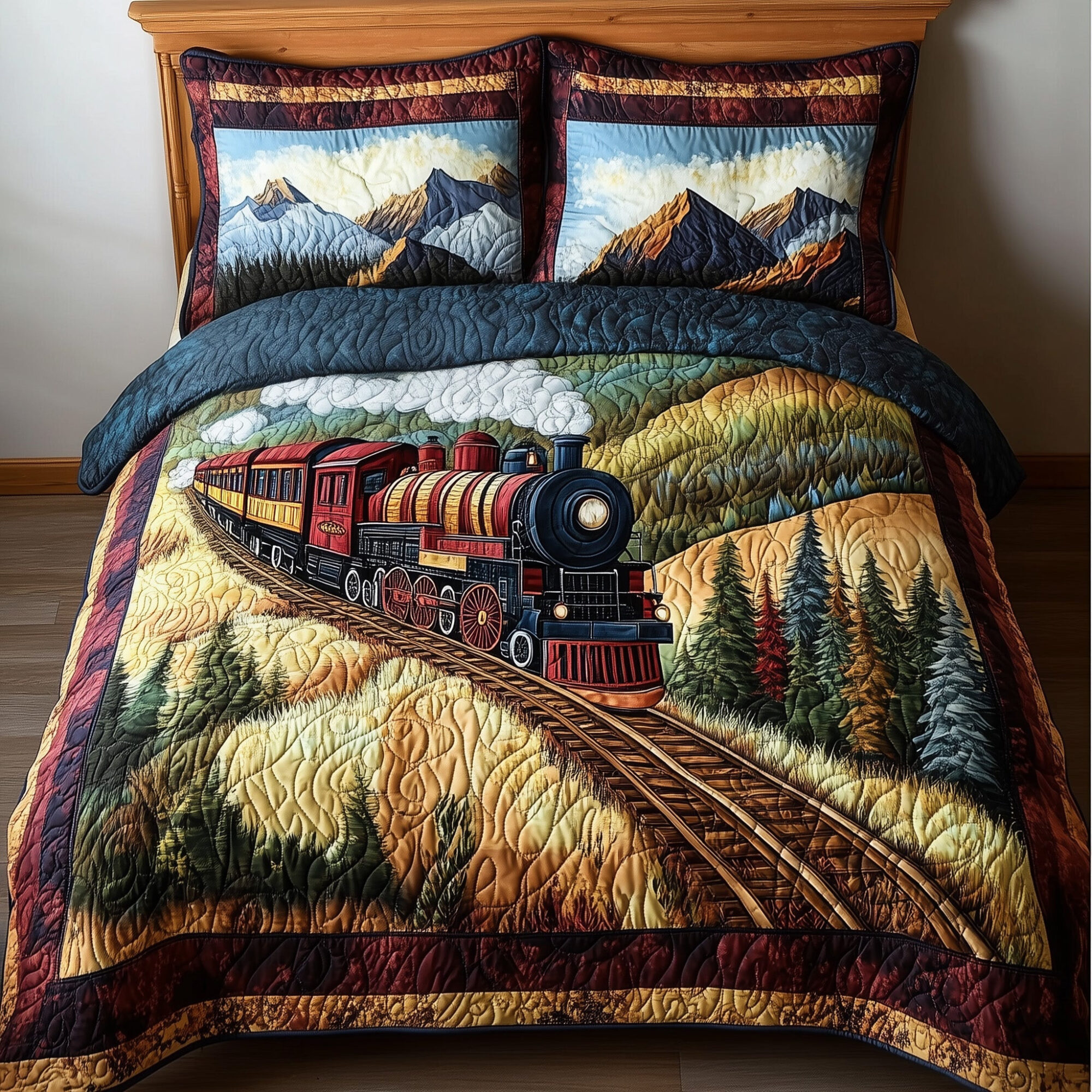 Rustic Train Quilted Bedding Set Classic Train Landscape Vintage Countryside Railway Decor
