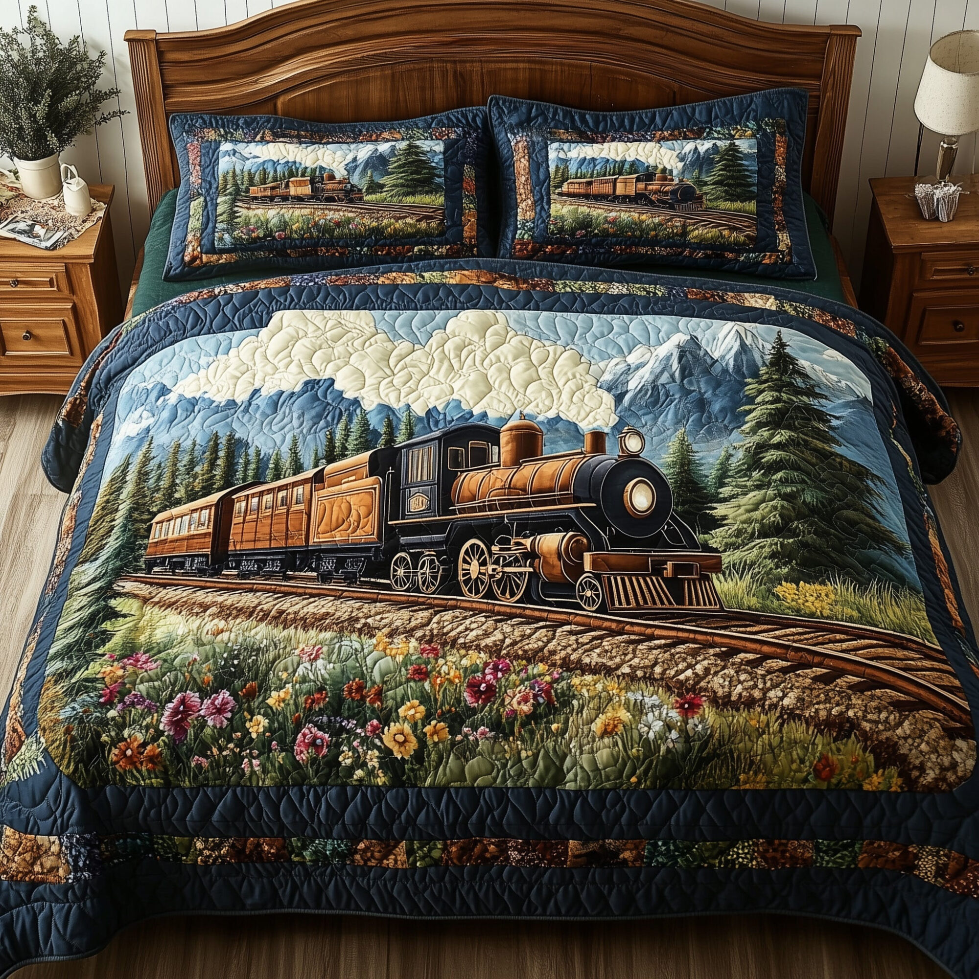 Rustic Train Quilted Bedding Set Classic Train Landscape Vintage Home Decor Gifts