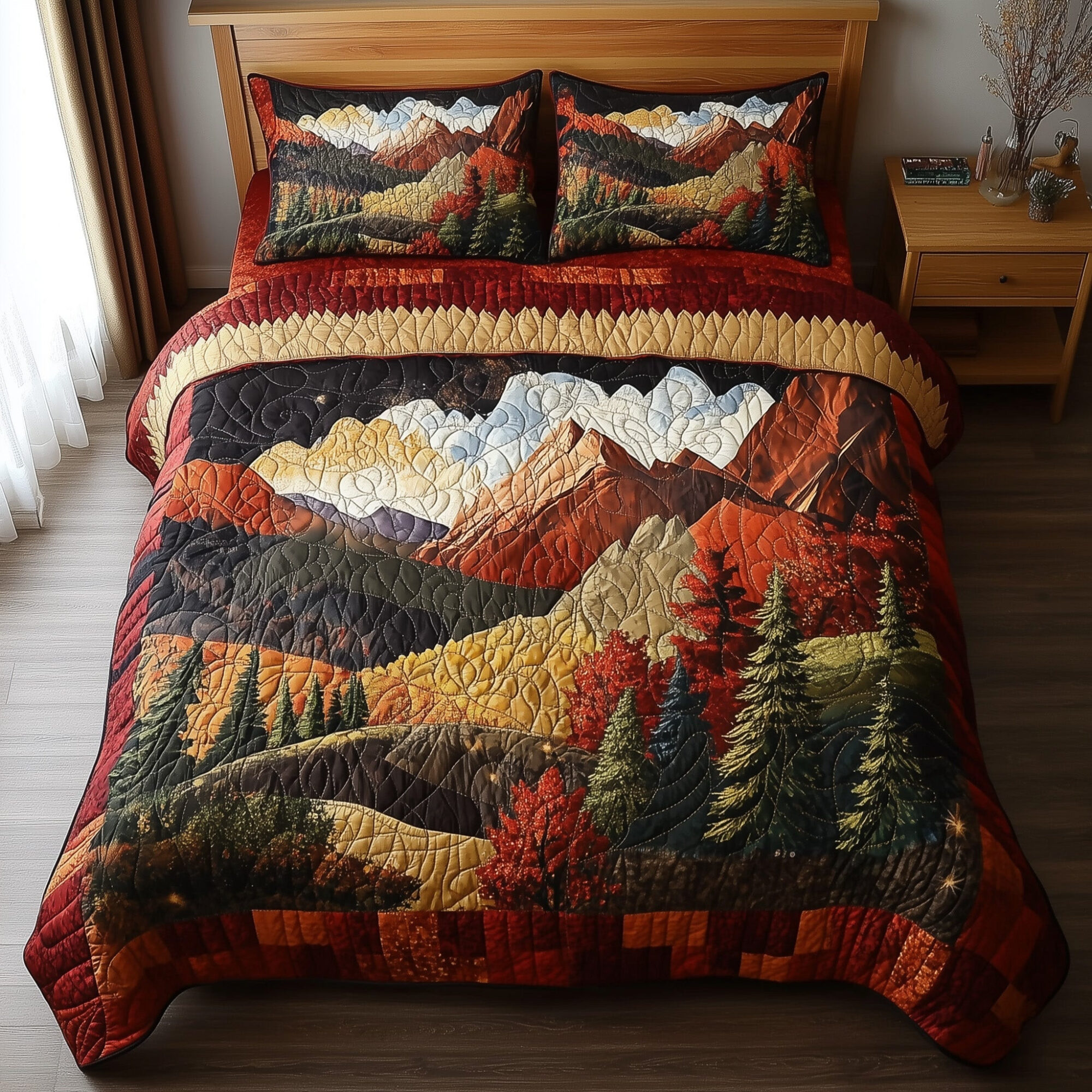 Rustic Train Quilted Bedding Set Classic Train Landscape Vintage Railway Bedding Decor