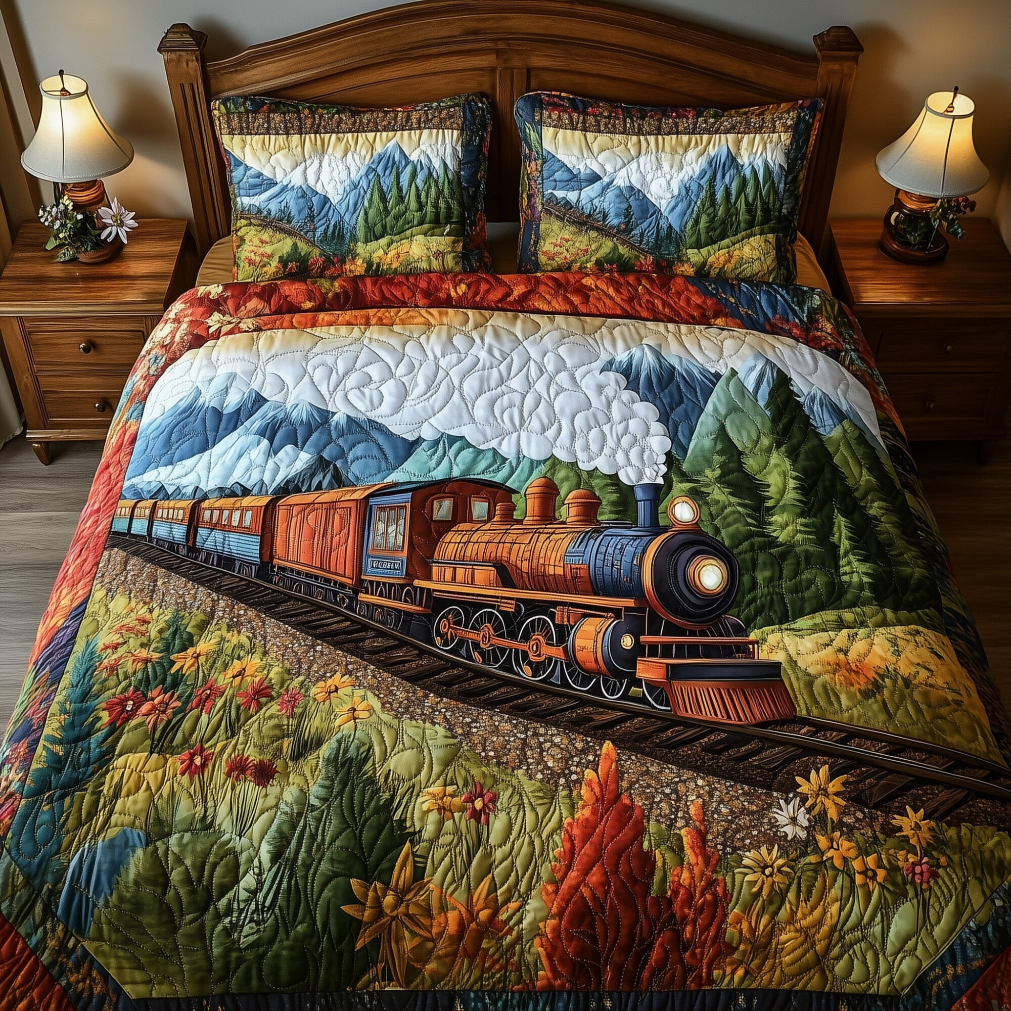 Rustic Train Quilted Bedding Set Flowers Field Vibes Nature Scenery Presents