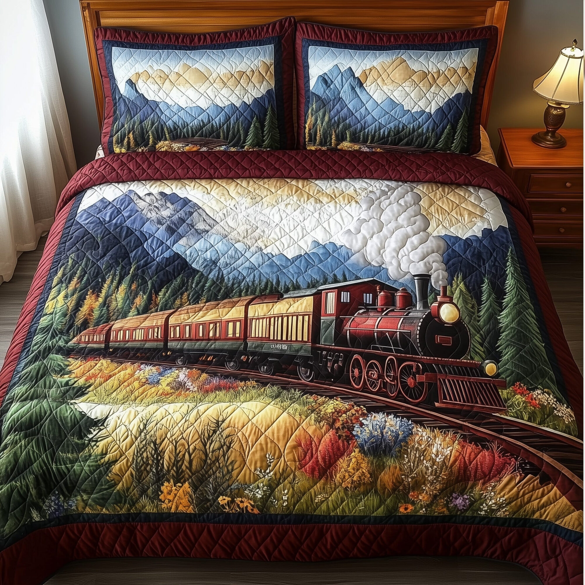 Rustic Train Quilted Bedding Set Rustic Adventure Scene Vintage Railway Bedding Decor
