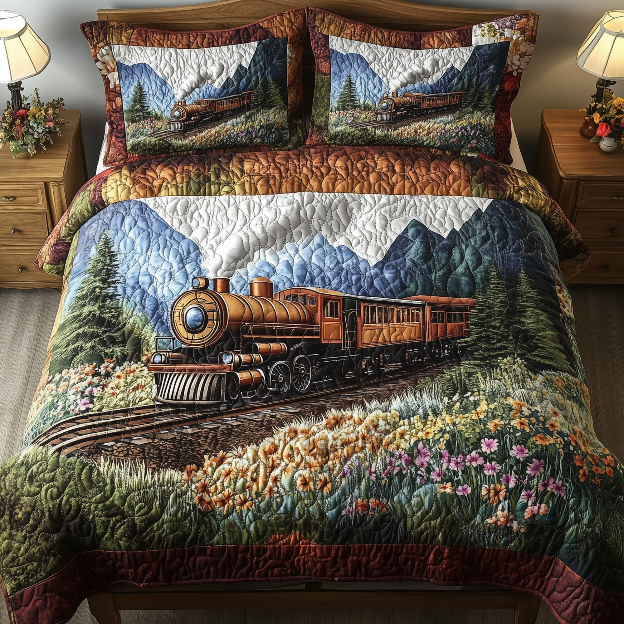 Rustic Train Quilted Bedding Set Rustic Cabin Decor Vintage Steam Engine Gift Ideas