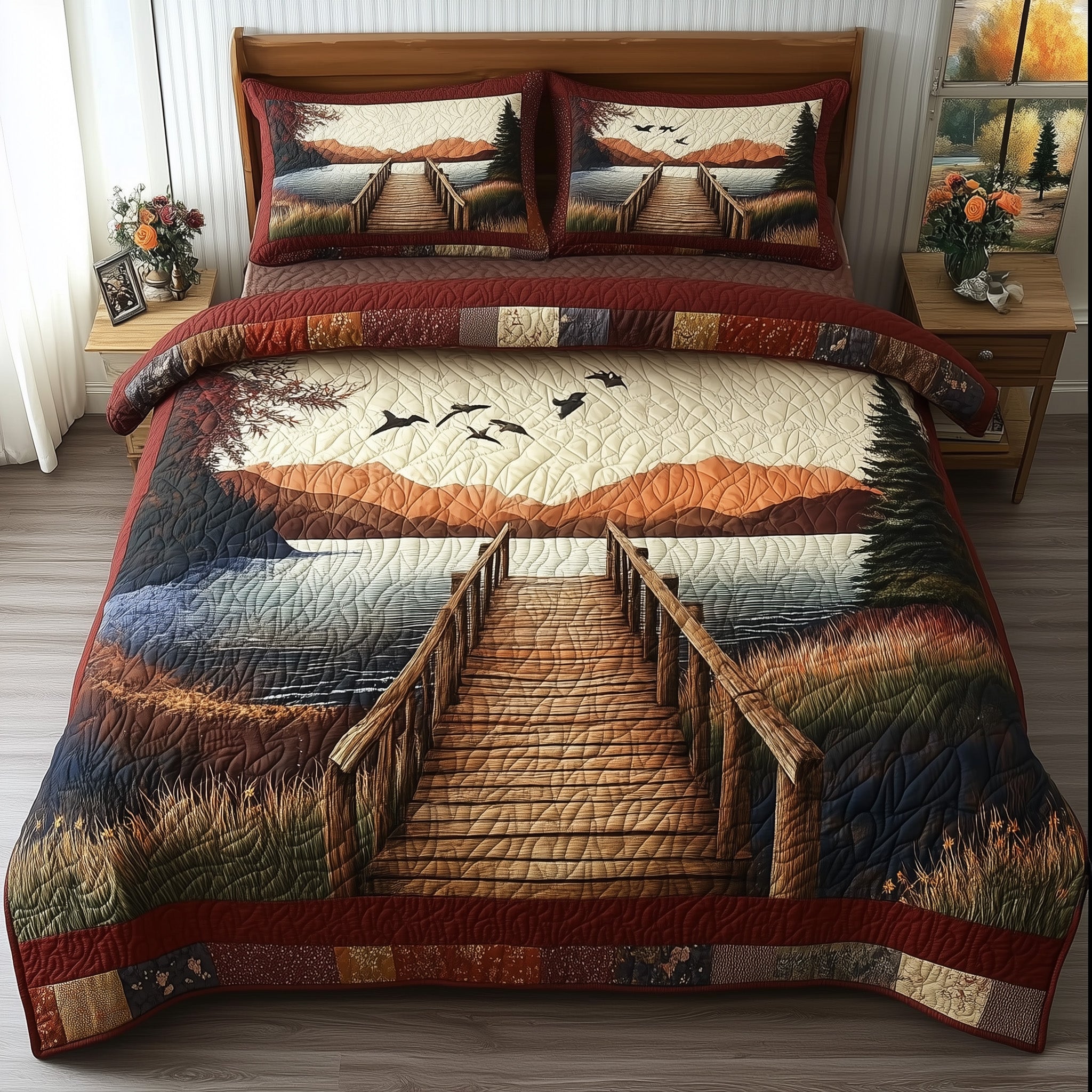 Rustic Wooden Dock Quilted Bedding Set Bedroom Decor Gifts For Mum