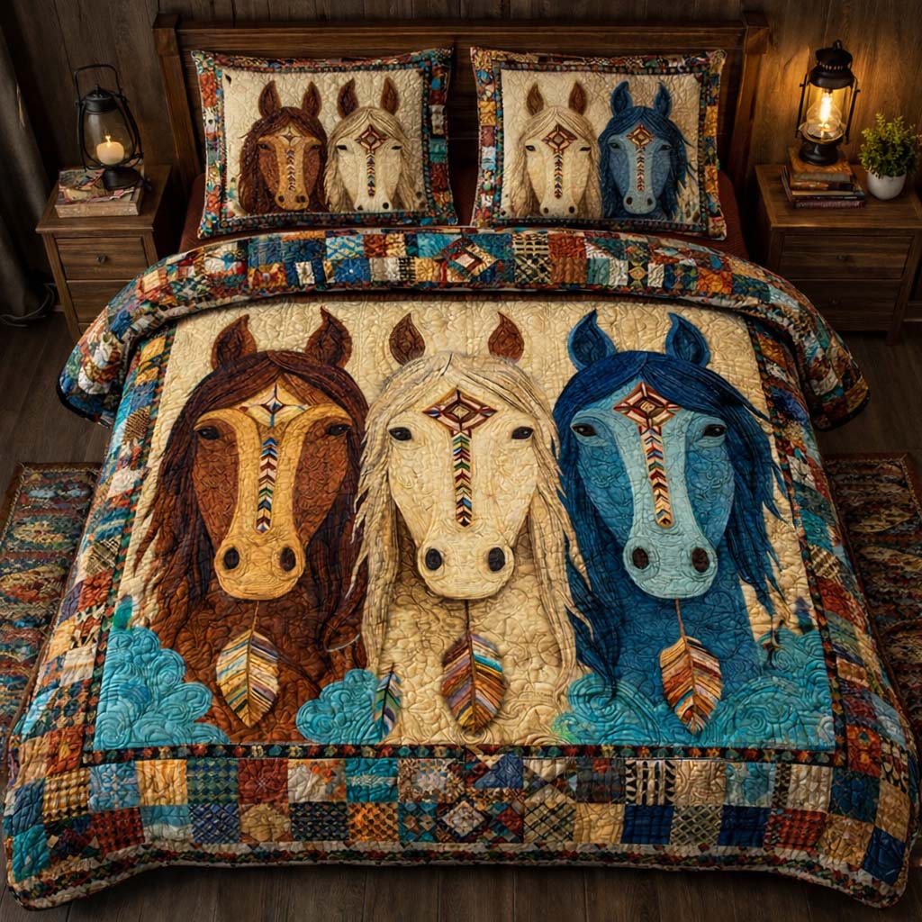 Sacred Three Horses Quilted Bedding Set Over The Bed Decor Great Gifts For Horse Owners