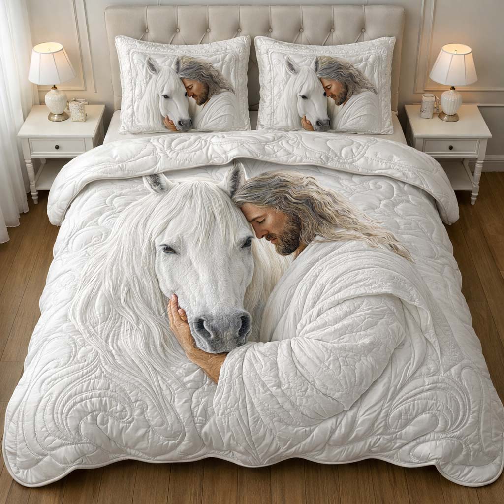 Sacred White Horse Quilted Bedding Set Best King Bed Sheets Gifts For Horse Lovers Men