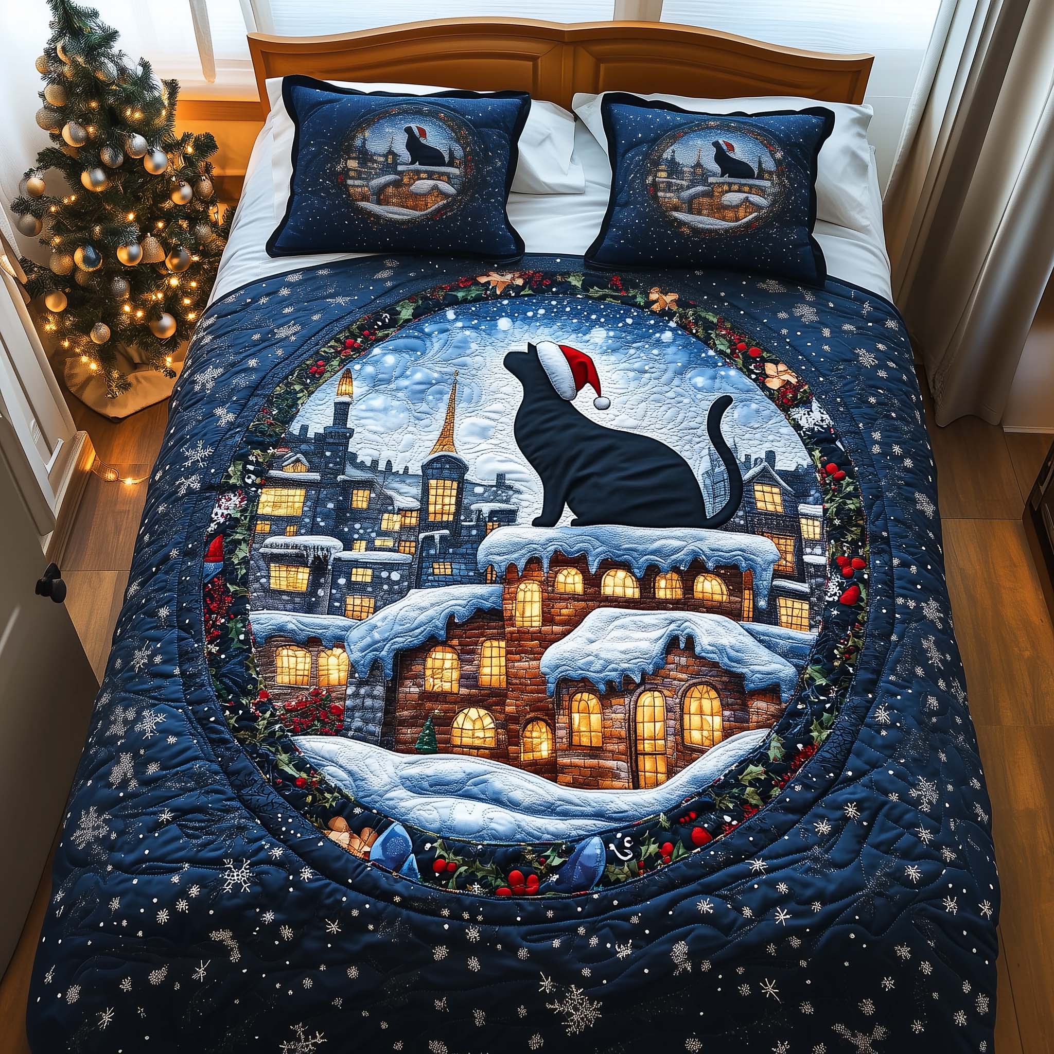 Santa Cat Rooftop Quilted Bedding Set Christmas Sheet Set Unique Cat Gifts For Cat Lovers