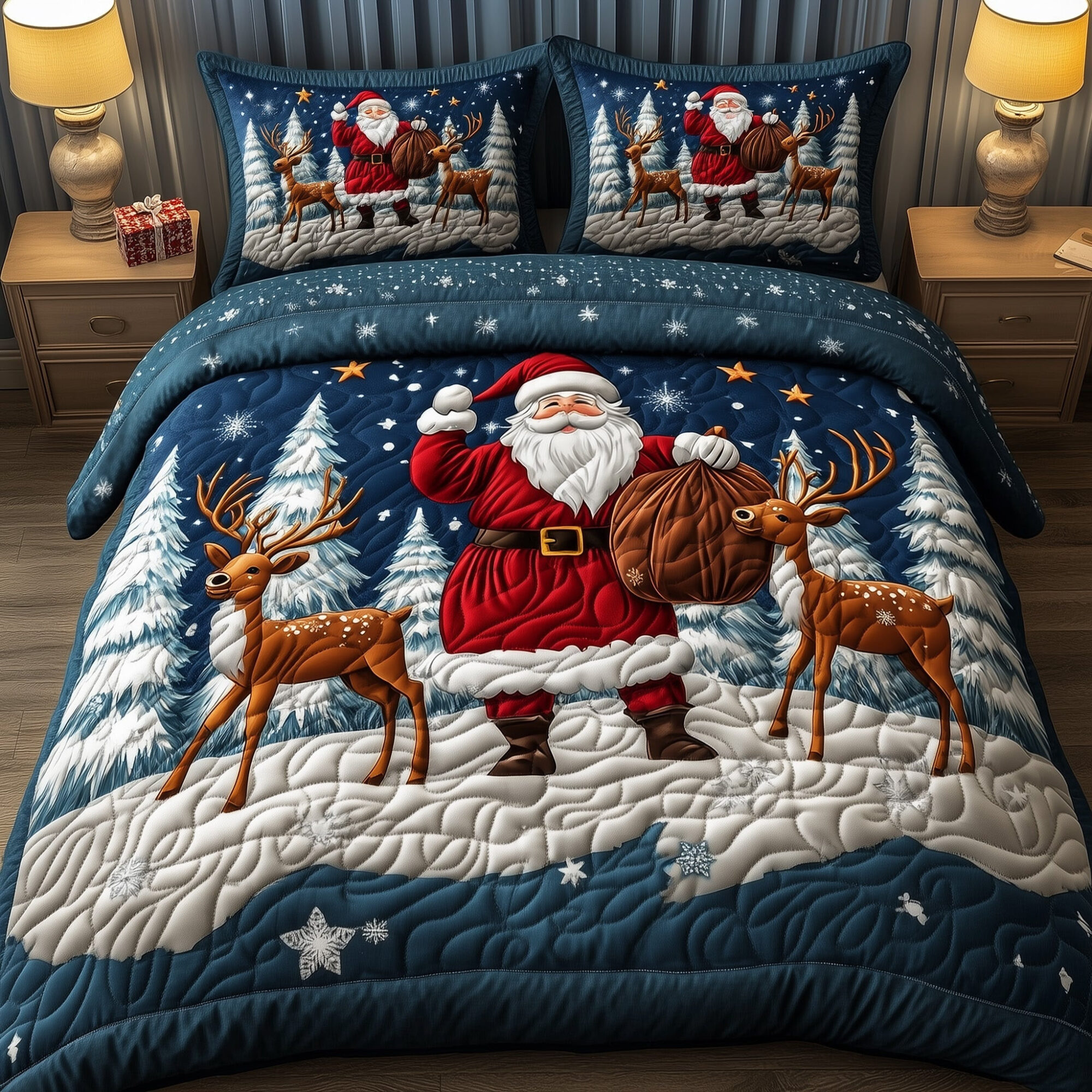 Santa Claus Quilted Bedding Set Santa And Deers Decor Best Xmas Bedding Gifts
