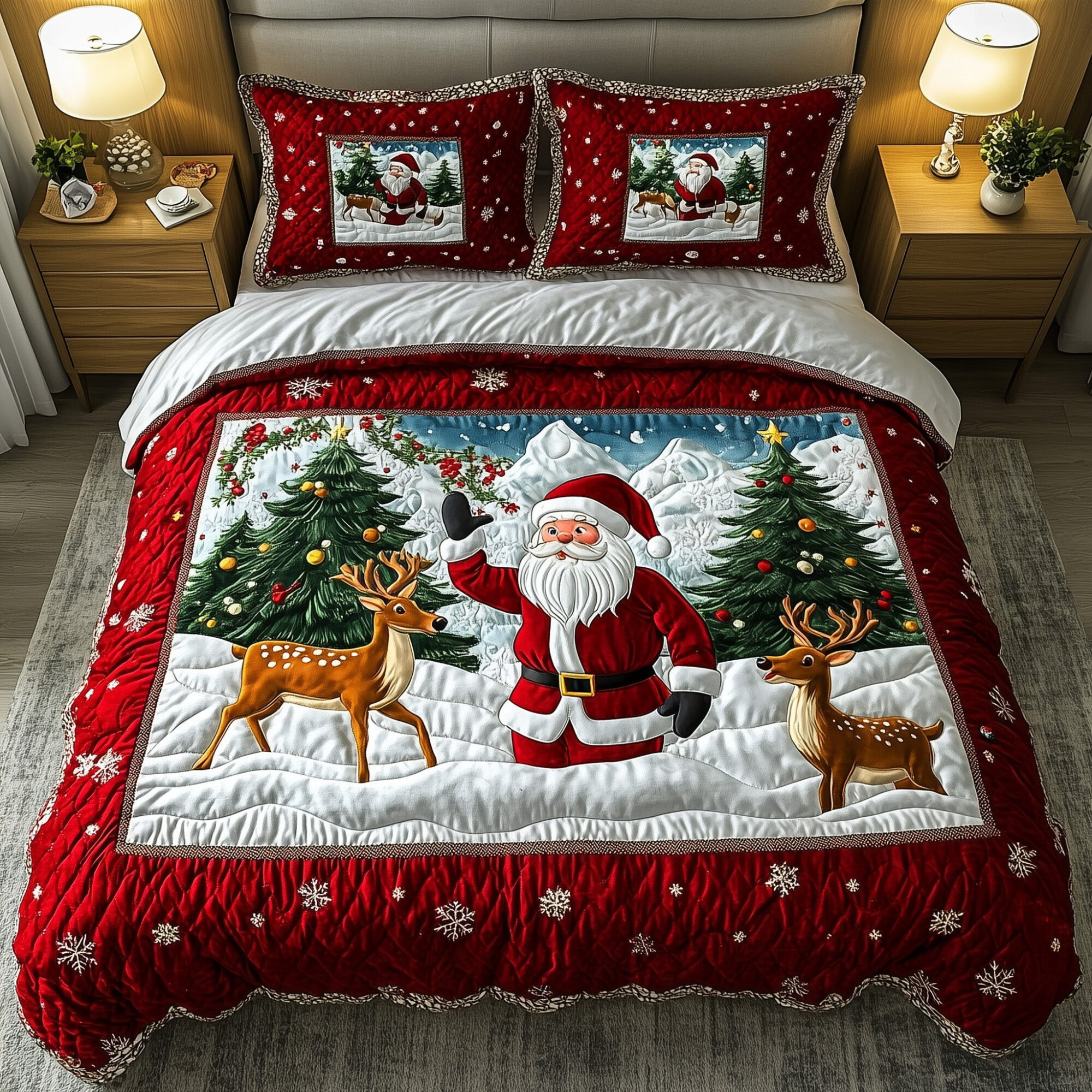 Santa Claus Quilted Bedding Set Santa And Deers Decor Best Xmas Holiday Bedding Gifts