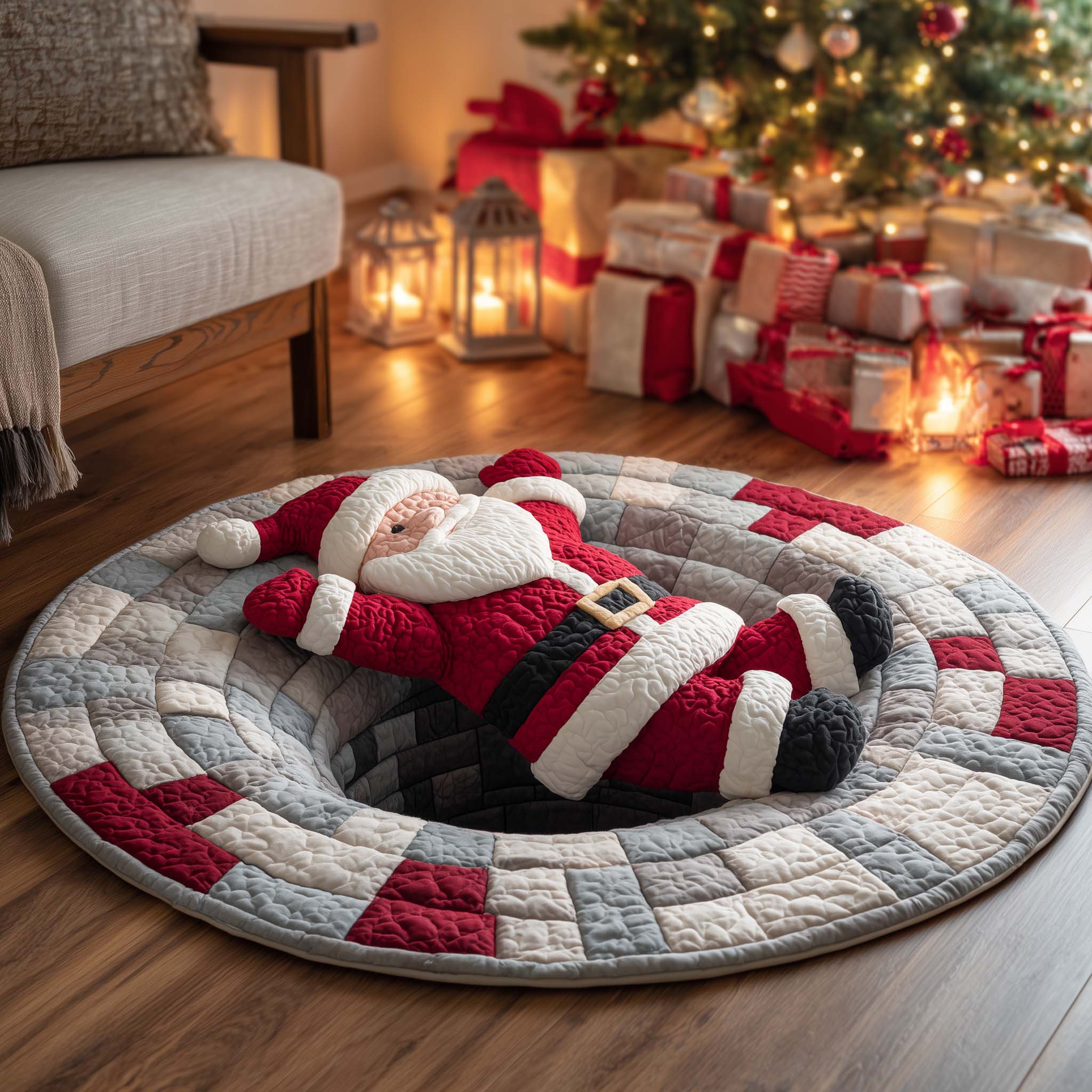 Santa Down The Chimney Quilted Round Mat Soft Cotton Quilted Round Mat for Daily Comfort