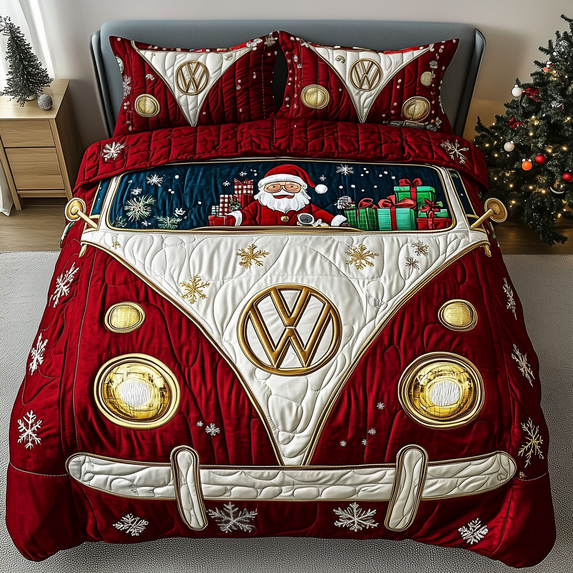Santa Holiday Camper Quilted Bedding Set Retro Christmas Van Design Happy Christmas Day Gifts