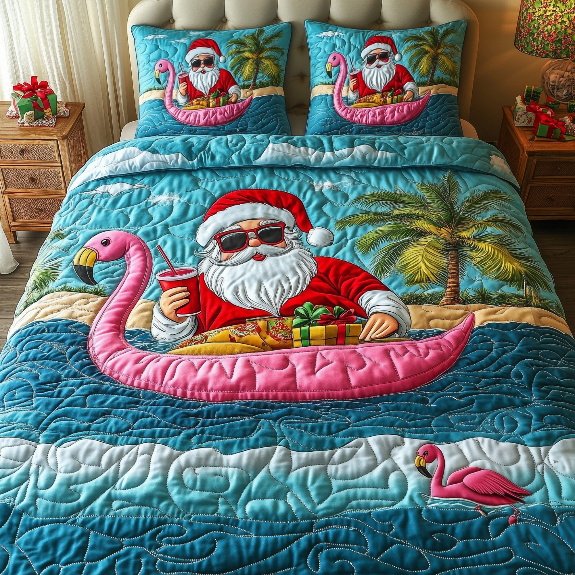 Santa Quilted Bedding Set Santa Flamingo Unique Bedding Presents