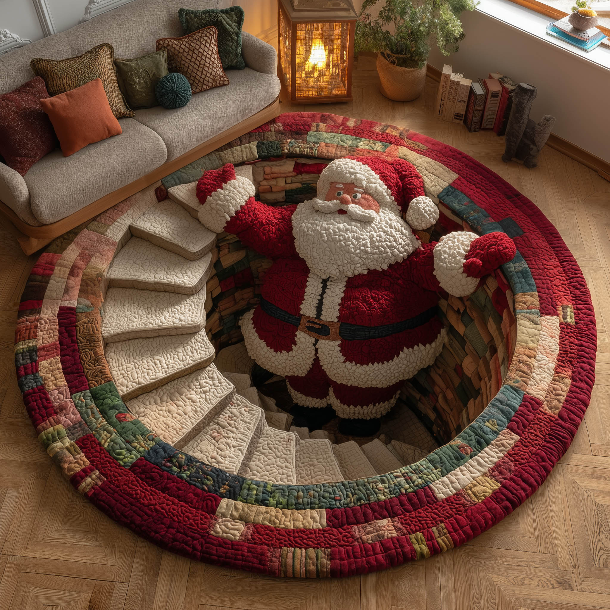 Santa Workshop Quilted Round Mat Cozy Quilted Round Mat for Warm Ambiance