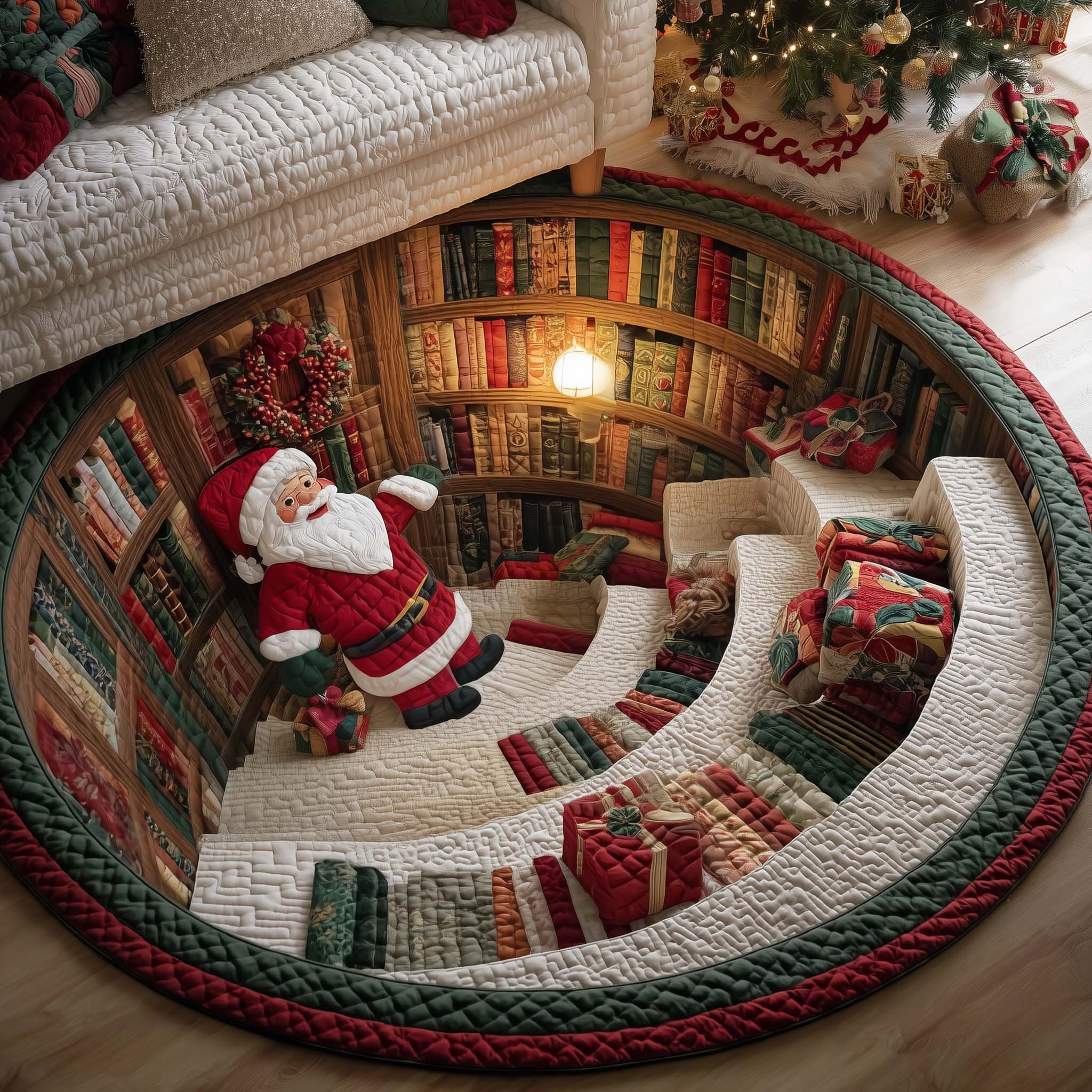 Santa Workshop Quilted Round Mat Handcrafted Quilted Round Mat for Special Touch