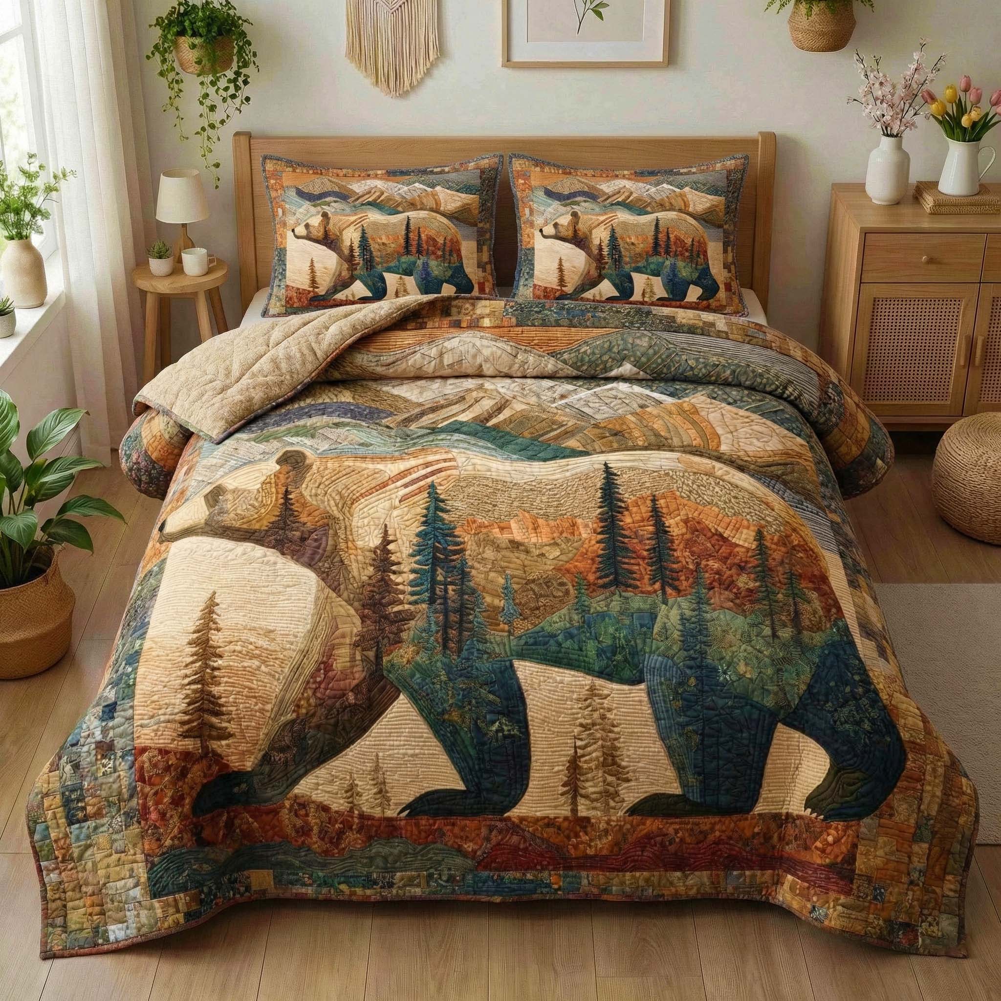 Scenic Bear Quilted Bedding Set Unique Bed Sheets Bear Gifts For Him