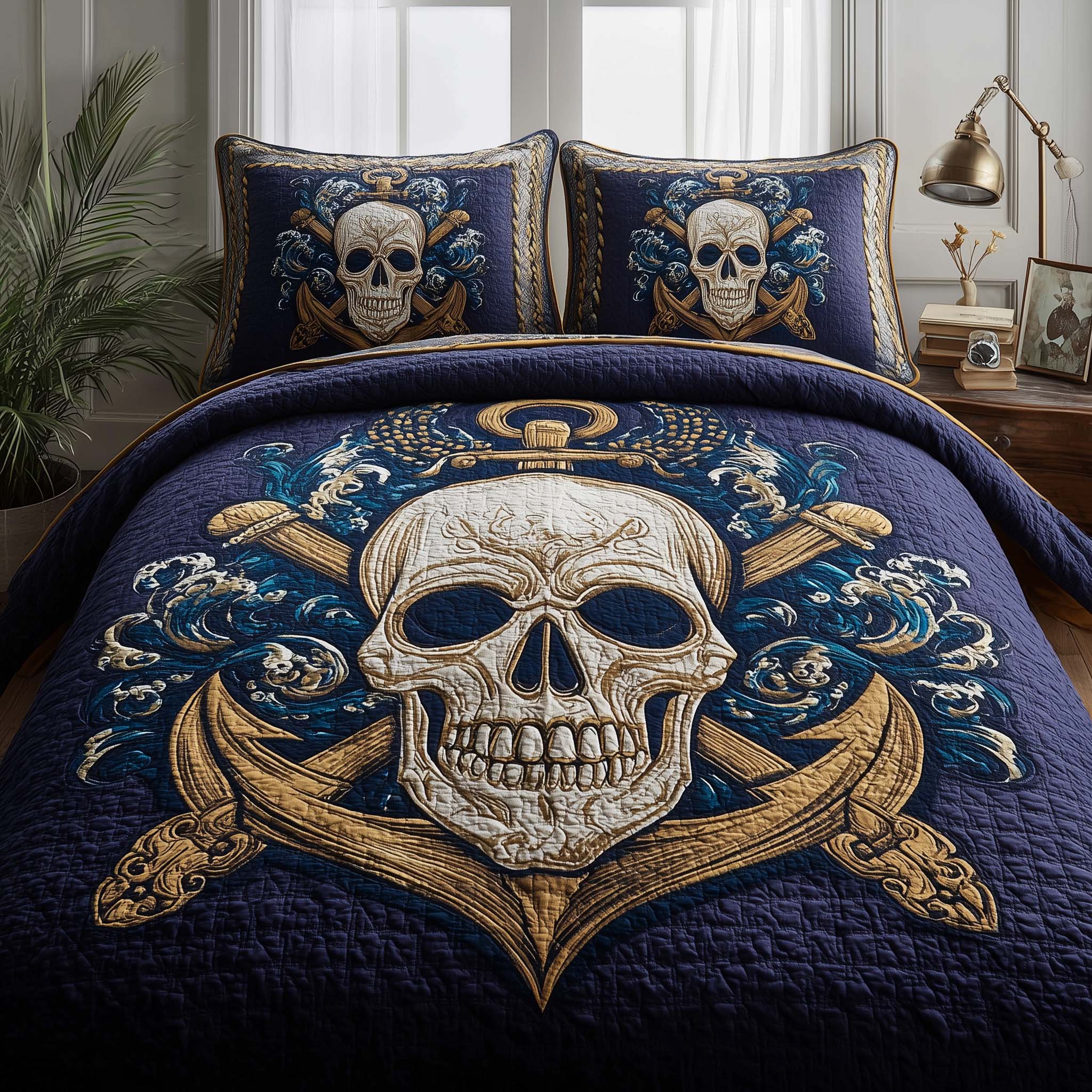 Sea Bone Quilted Bedding Set Unique Bed Sheets Skull Gifts For Him