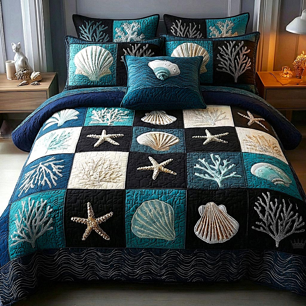 Seashell Calm Quilted Bedding Set Over The Bed Decor Best Gifts For Beach Lovers