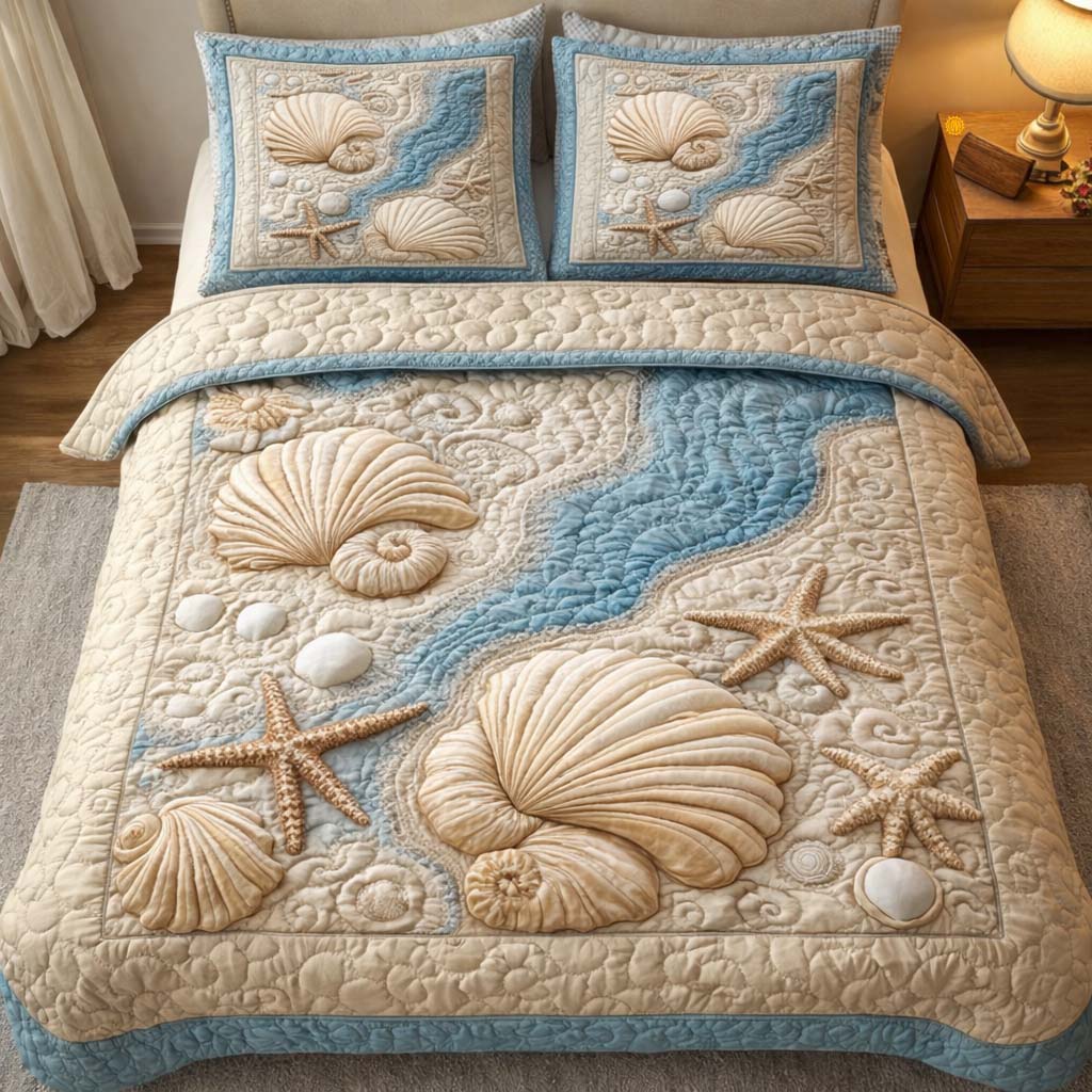 Seashell River Quilted Bedding Set Bed Room Decoration Best Gift For Beach Lover