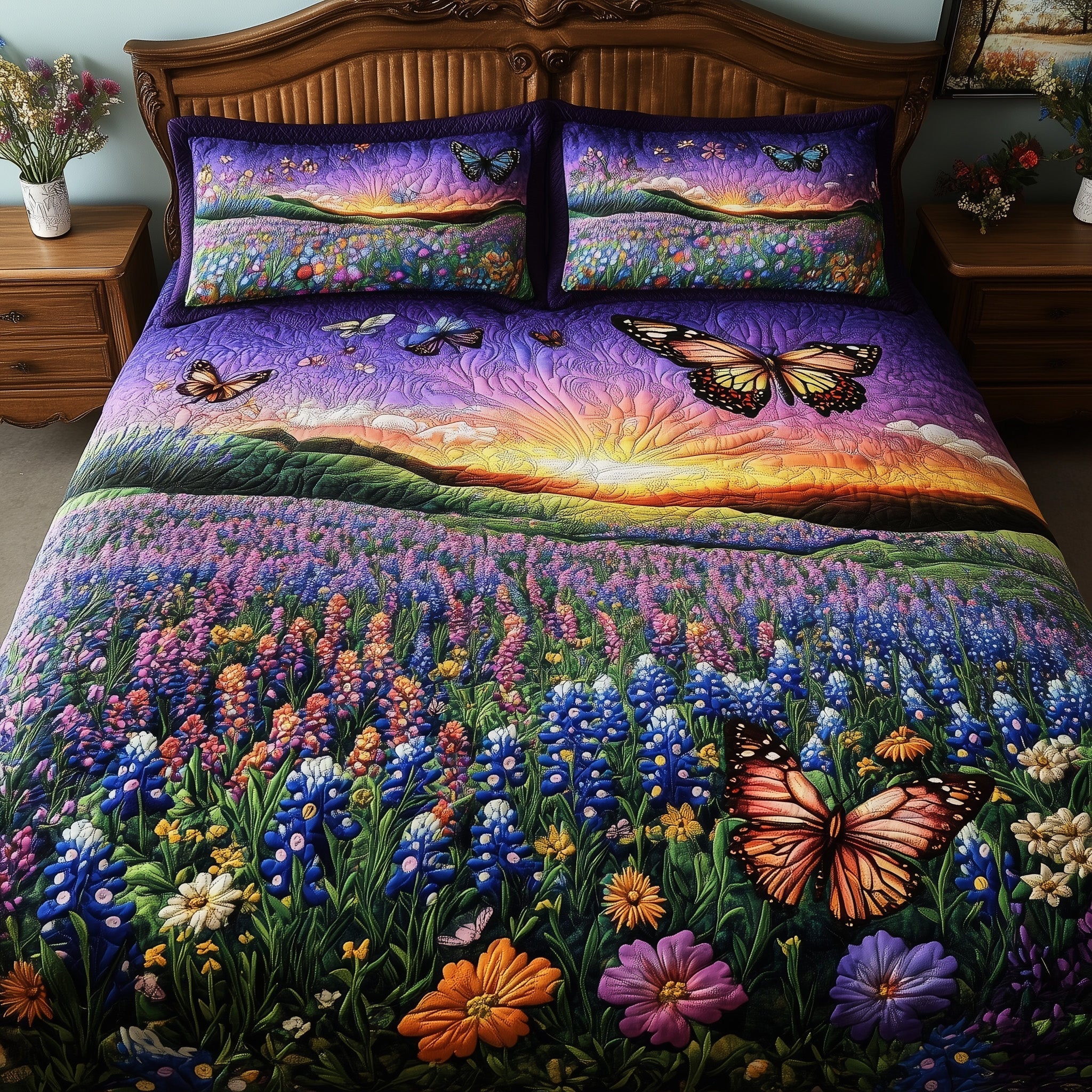 Serene Bluebonnet Quilted Bedding Set Bed Comforter Set Texas Themed Gifts