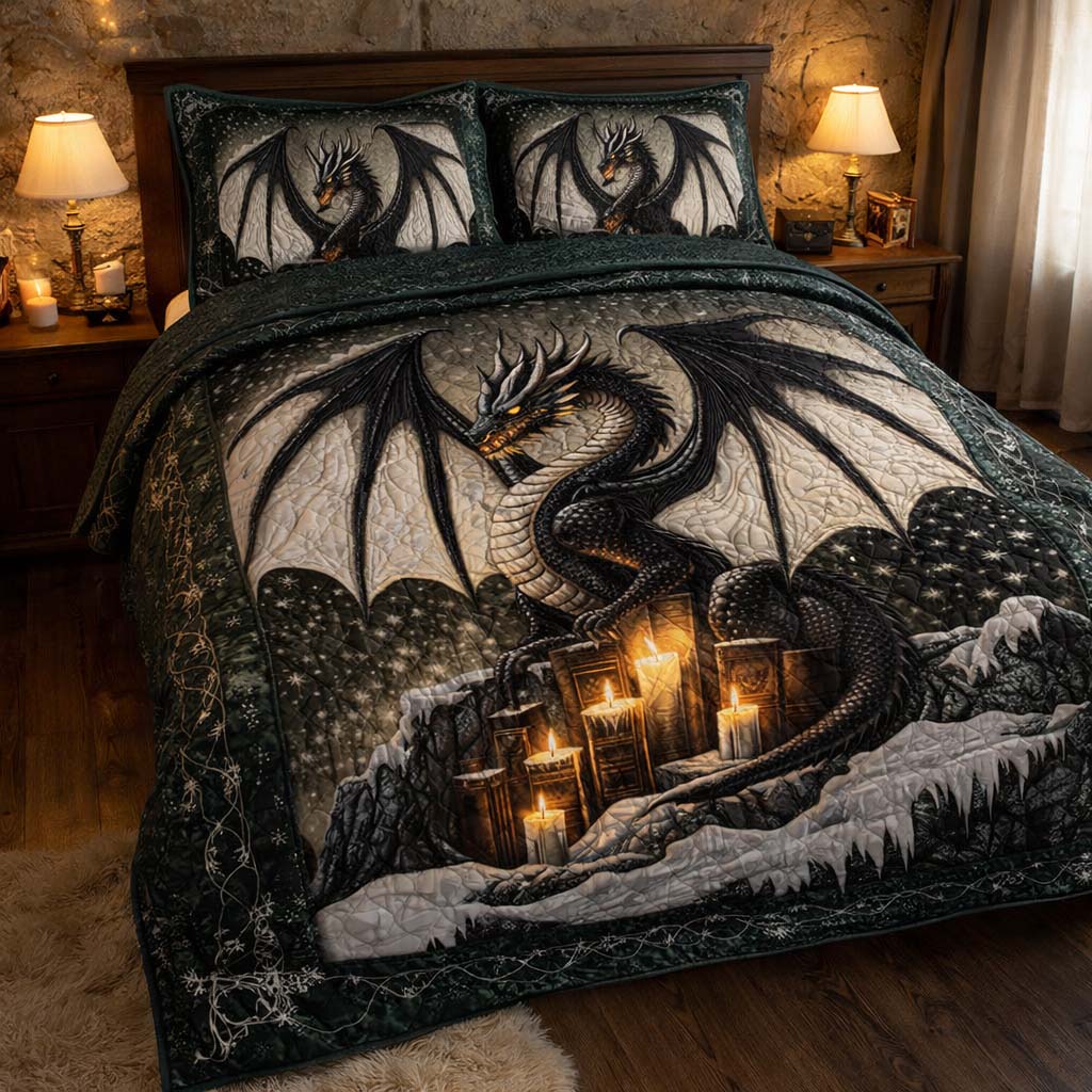Shadow Candle Dragon Quilted Bedding Set Bedroom Decor Gift For Dragon Lover