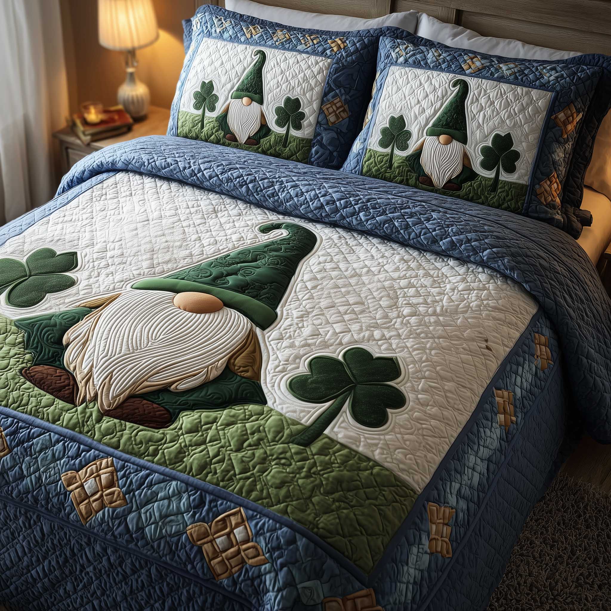 Shamrock Gnome Quilted Bedding Set Bedroom Decor St Pattys Day Gifts