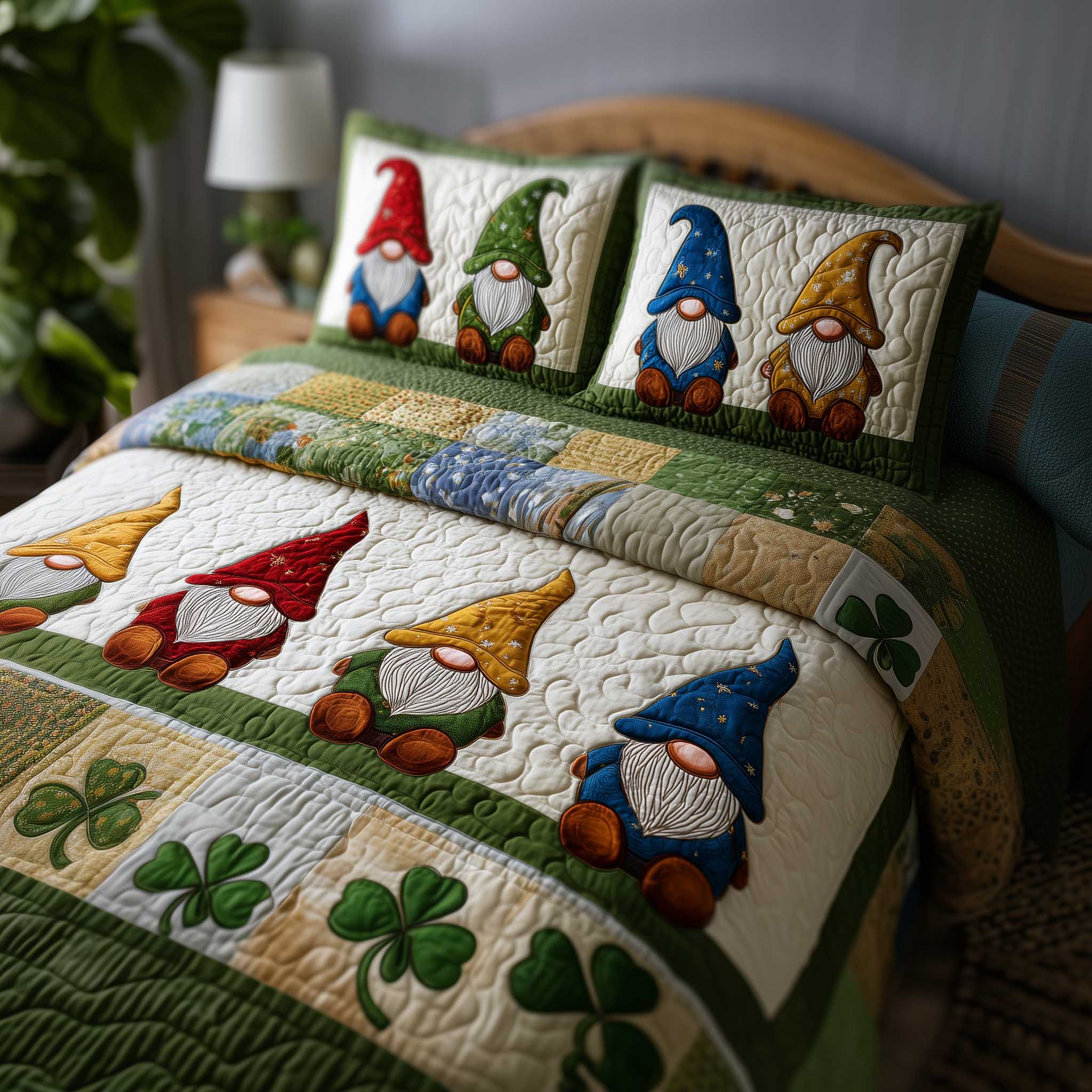 Shamrock Gnome Quilted Bedding Set Unique Bed Sheet Set St Patty's Day Gift Ideas