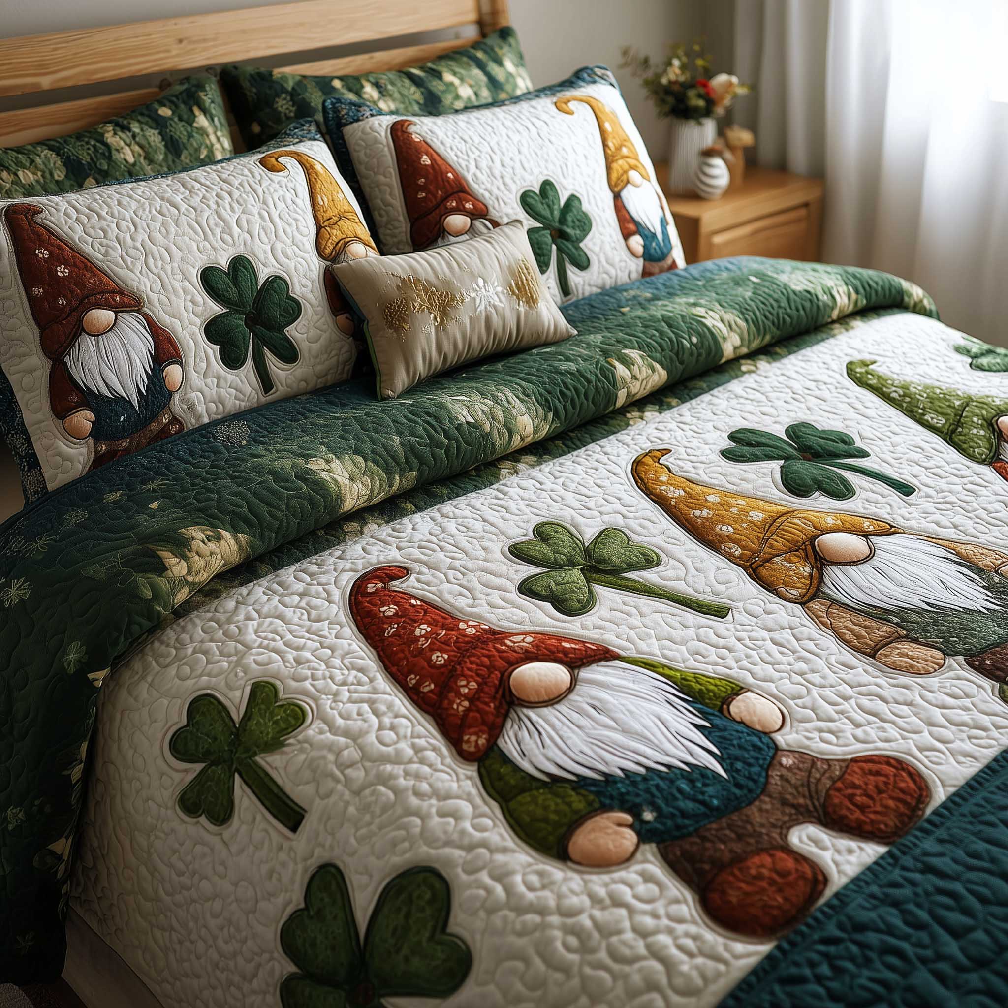 Shamrock Gnome Quilted Bedding Set Unique Bed Sheets St Patrick's Gift Ideas