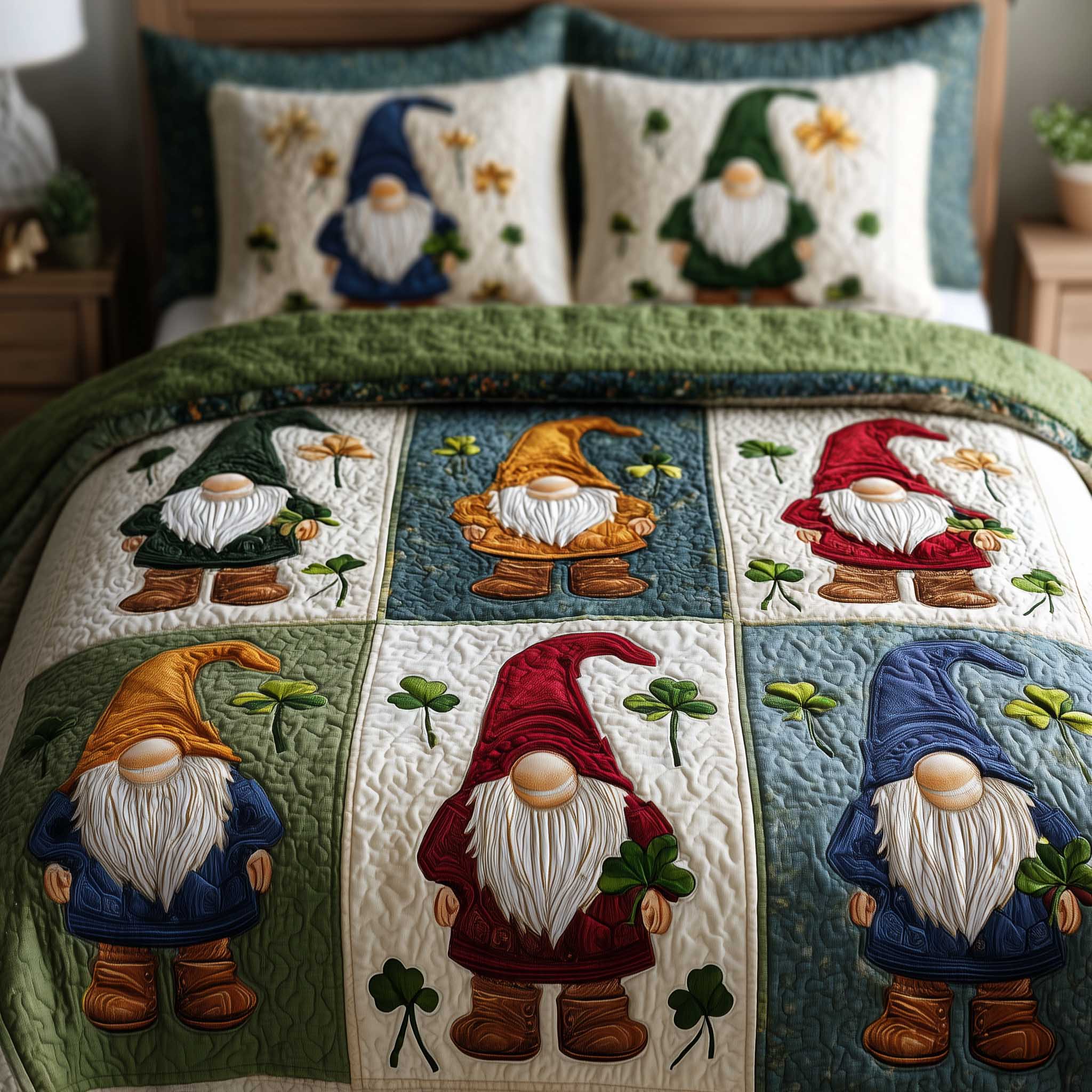 Shamrock Gnome Quilted Bedding Set Unique Sheet Sets Saint Patrick's Day Gift Ideas